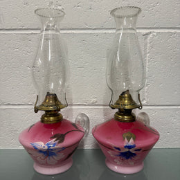 Rare Pair of Satin Ruby Glass Finger Lamps