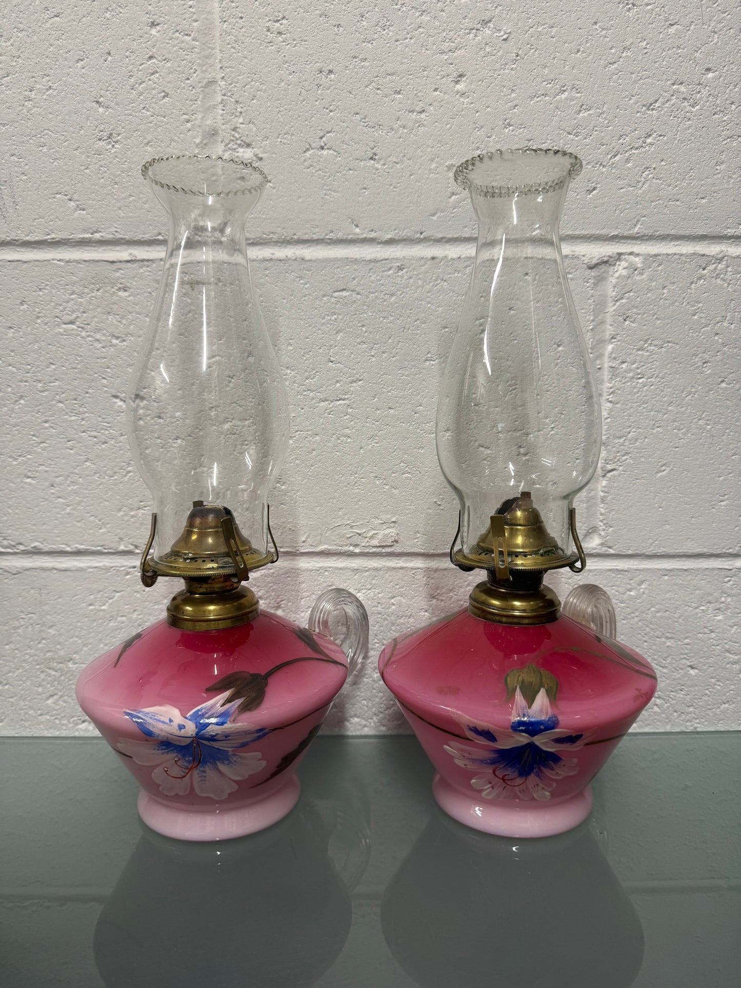 Rare Pair of Satin Ruby Glass Finger Lamps