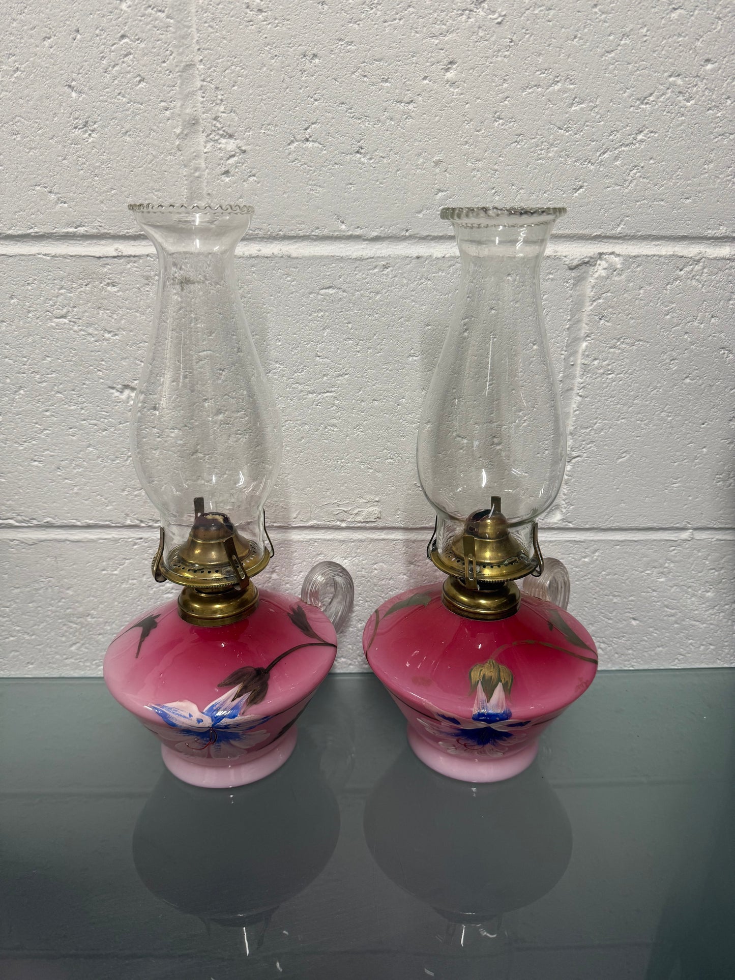 Rare Pair of Satin Ruby Glass Finger Lamps