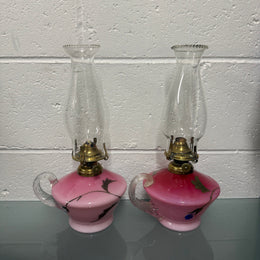 Rare Pair of Satin Ruby Glass Finger Lamps