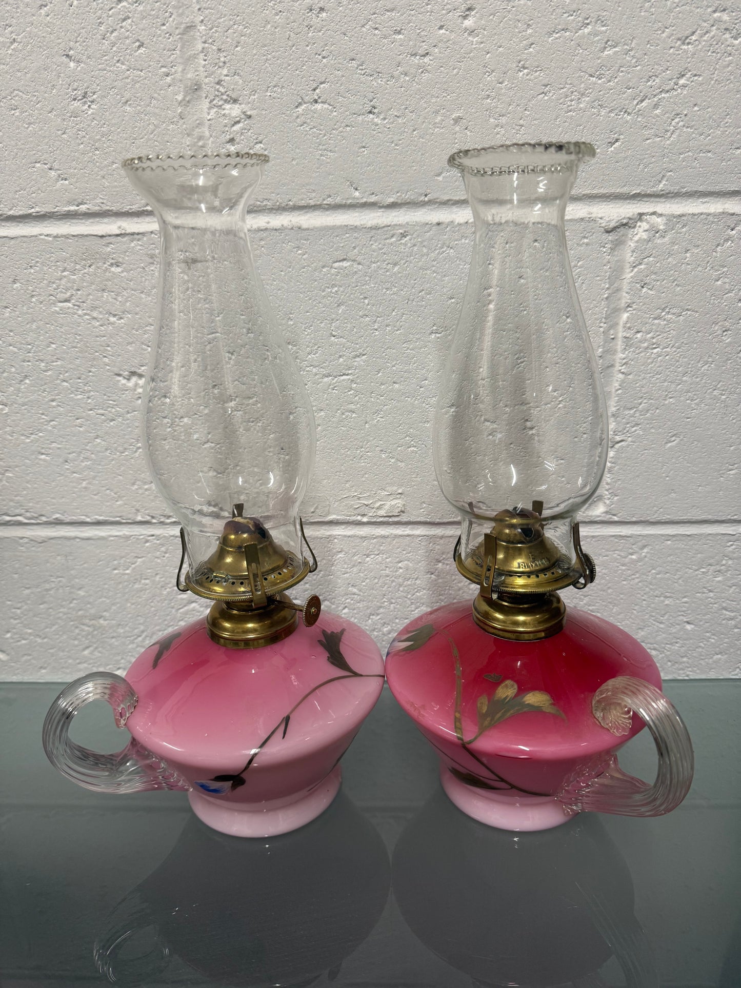 Rare Pair of Satin Ruby Glass Finger Lamps