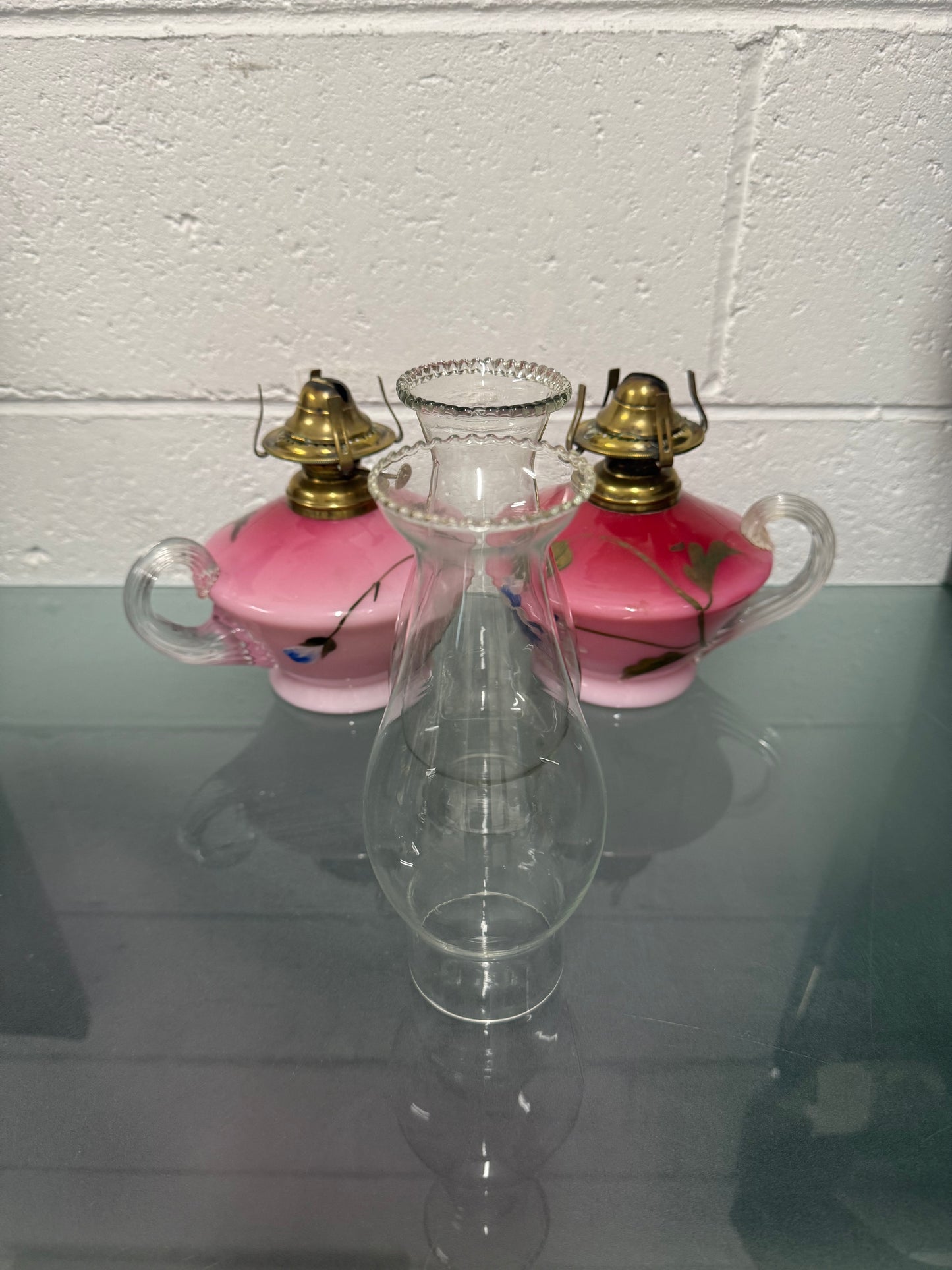 Rare Pair of Satin Ruby Glass Finger Lamps