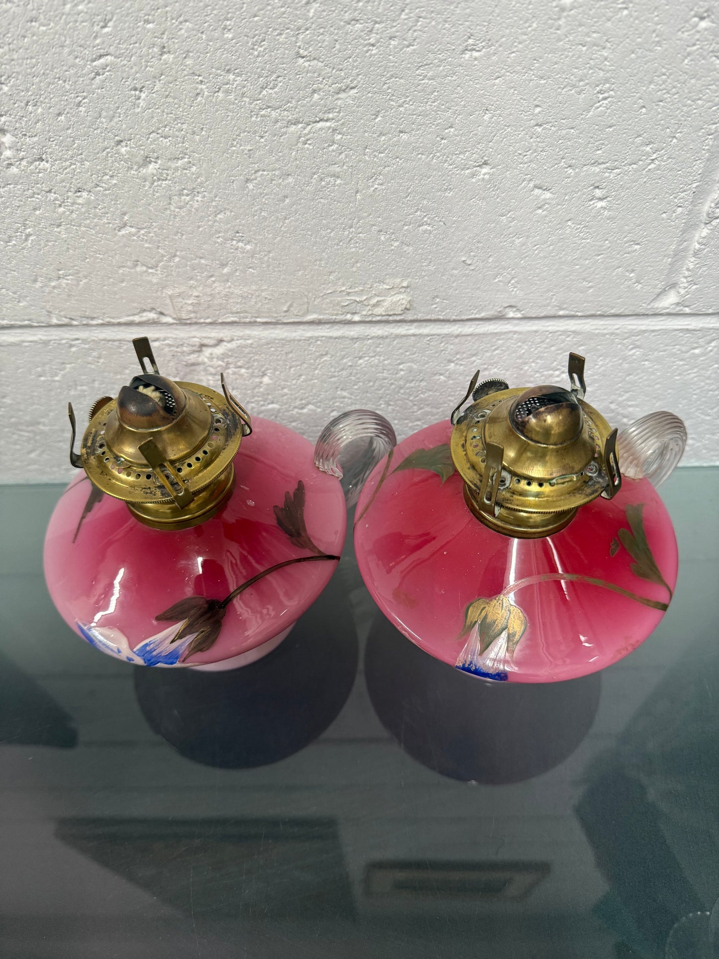 Rare Pair of Satin Ruby Glass Finger Lamps