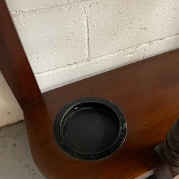 Lovely Edwardian single drawer shield mirror mahogany hall stand. It has 6 hooks for hanging and two pretty decorative blue and white tiles. In good original condition