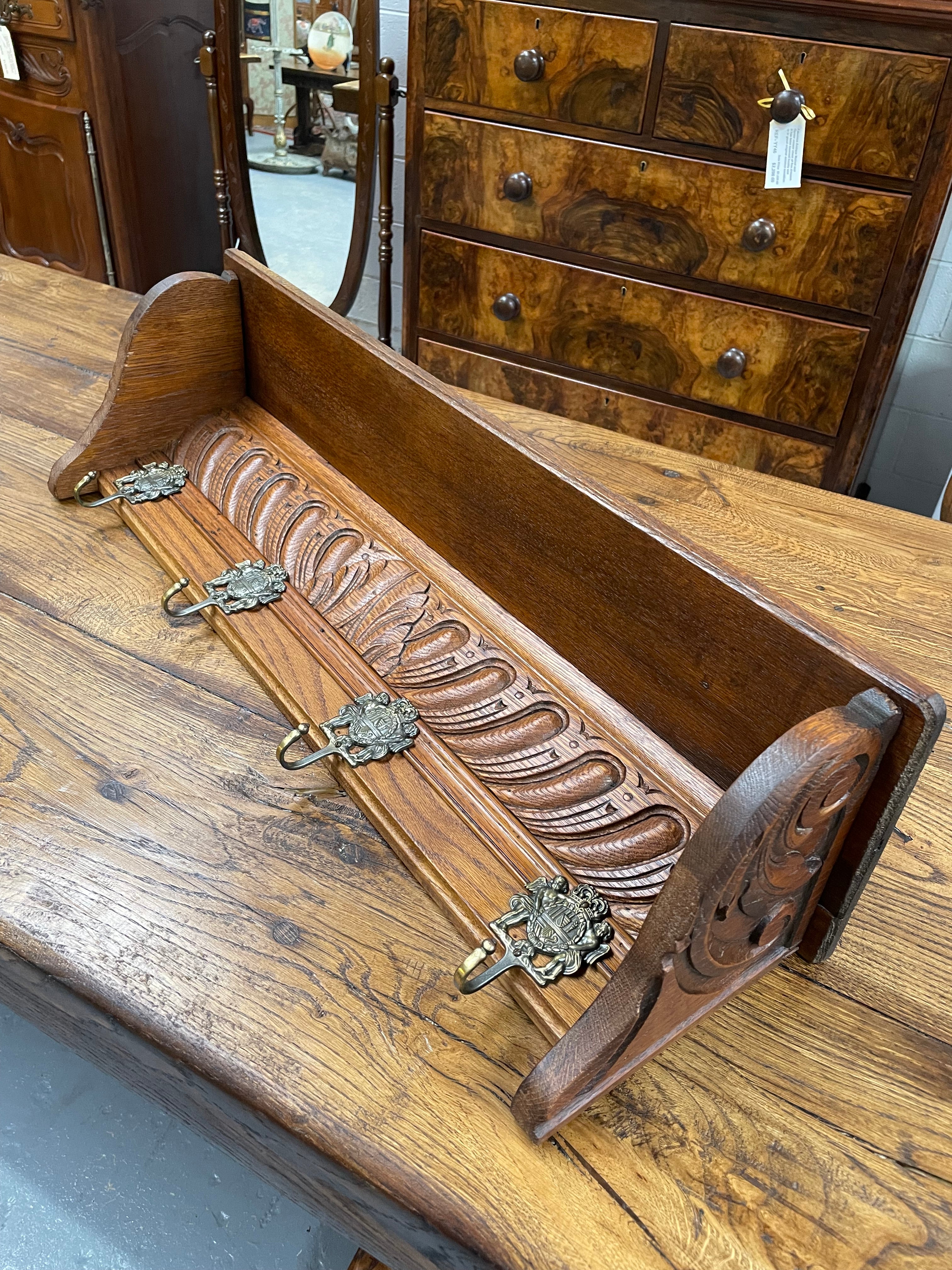 French Oak Wall Coat Rack With Shelf & Four Decorative Hooks | Antique & Vintage | Moonee Ponds Antiques | Australia Wide Delivery