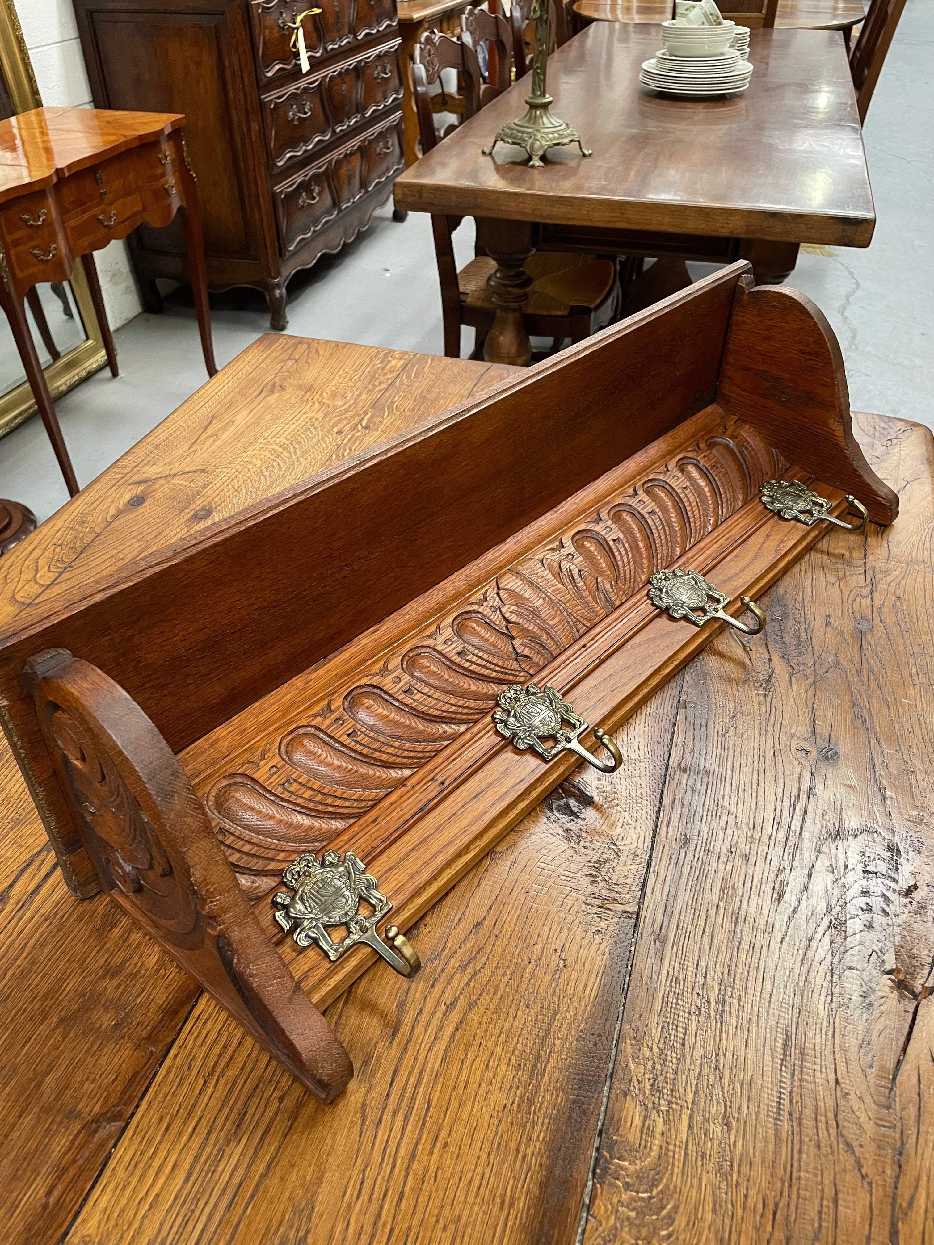 French Oak Wall Coat Rack With Shelf & Four Decorative Hooks | Antique & Vintage | Moonee Ponds Antiques | Australia Wide Delivery