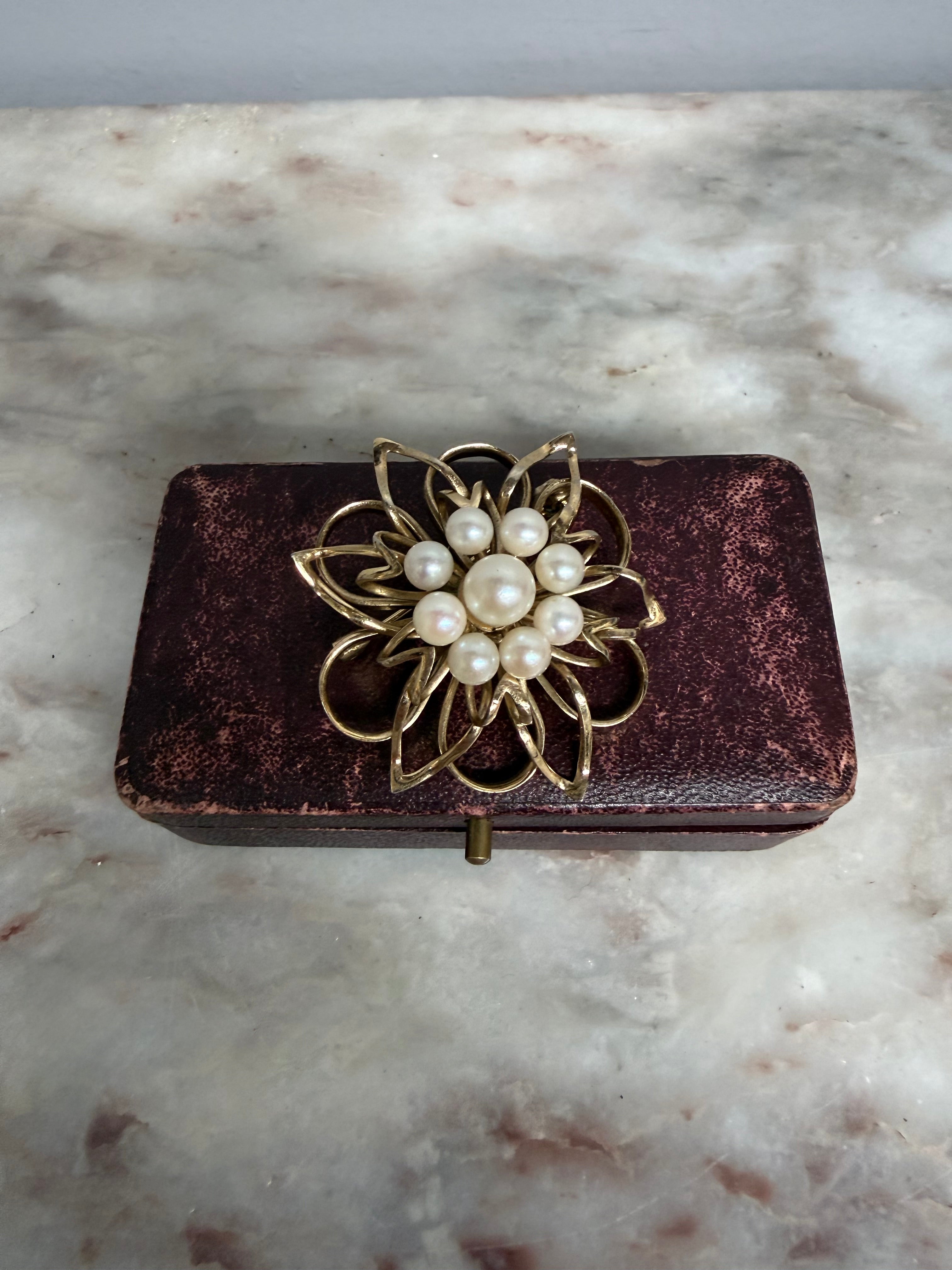 Round Gilt Metal Brooch Set With Central Circle Of Pearls | Antique & Vintage | Moonee Ponds Antiques | Australia Wide Delivery