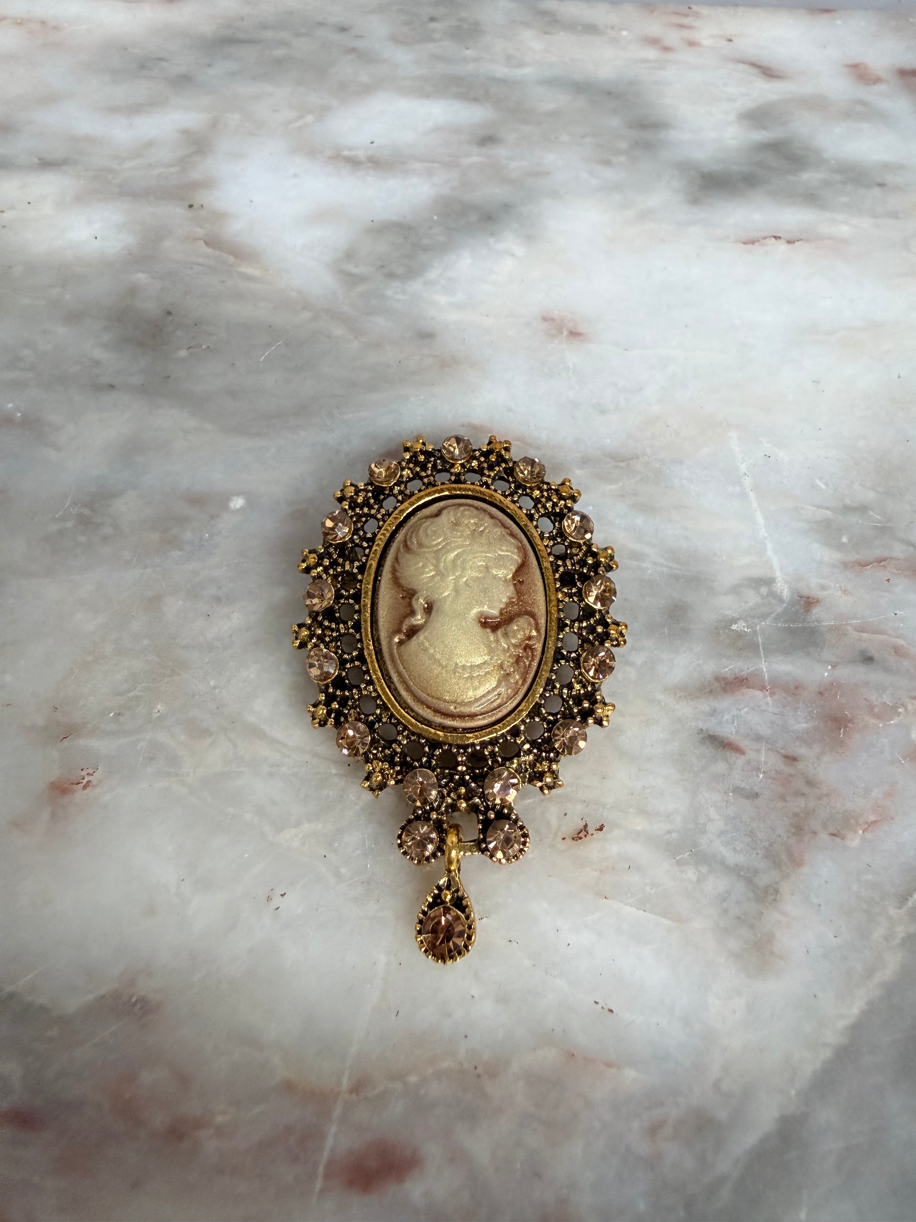 Gilt Metal Brooch Set With Faux Cameo & Rhinestones | Antique & Vintage | Moonee Ponds Antiques | Australia Wide Delivery