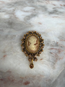 Gilt Metal Brooch Set With Faux Cameo & Rhinestones Moonee Ponds Antiques
