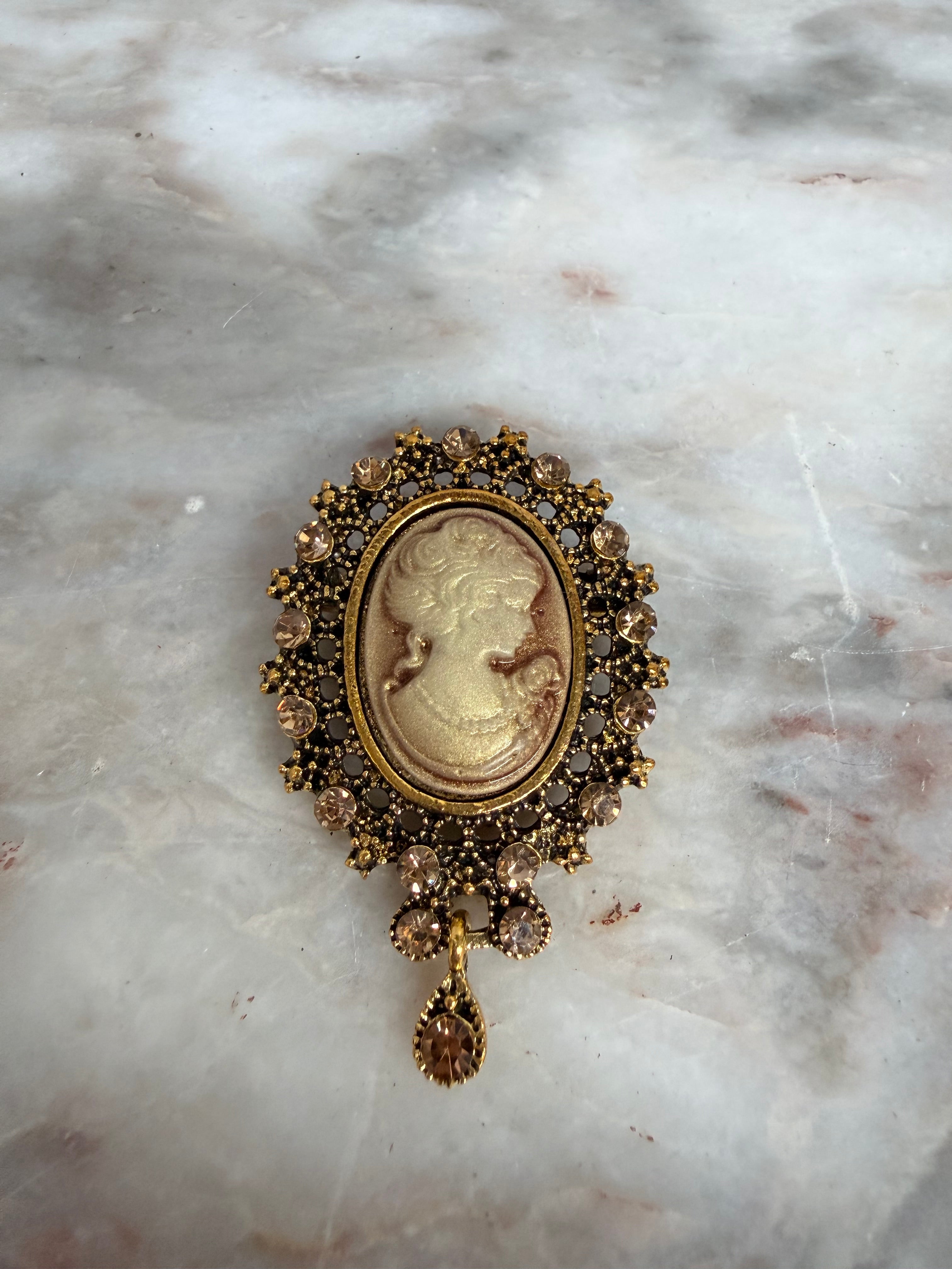 Gilt Metal Brooch Set With Faux Cameo & Rhinestones | Antique & Vintage | Moonee Ponds Antiques | Australia Wide Delivery