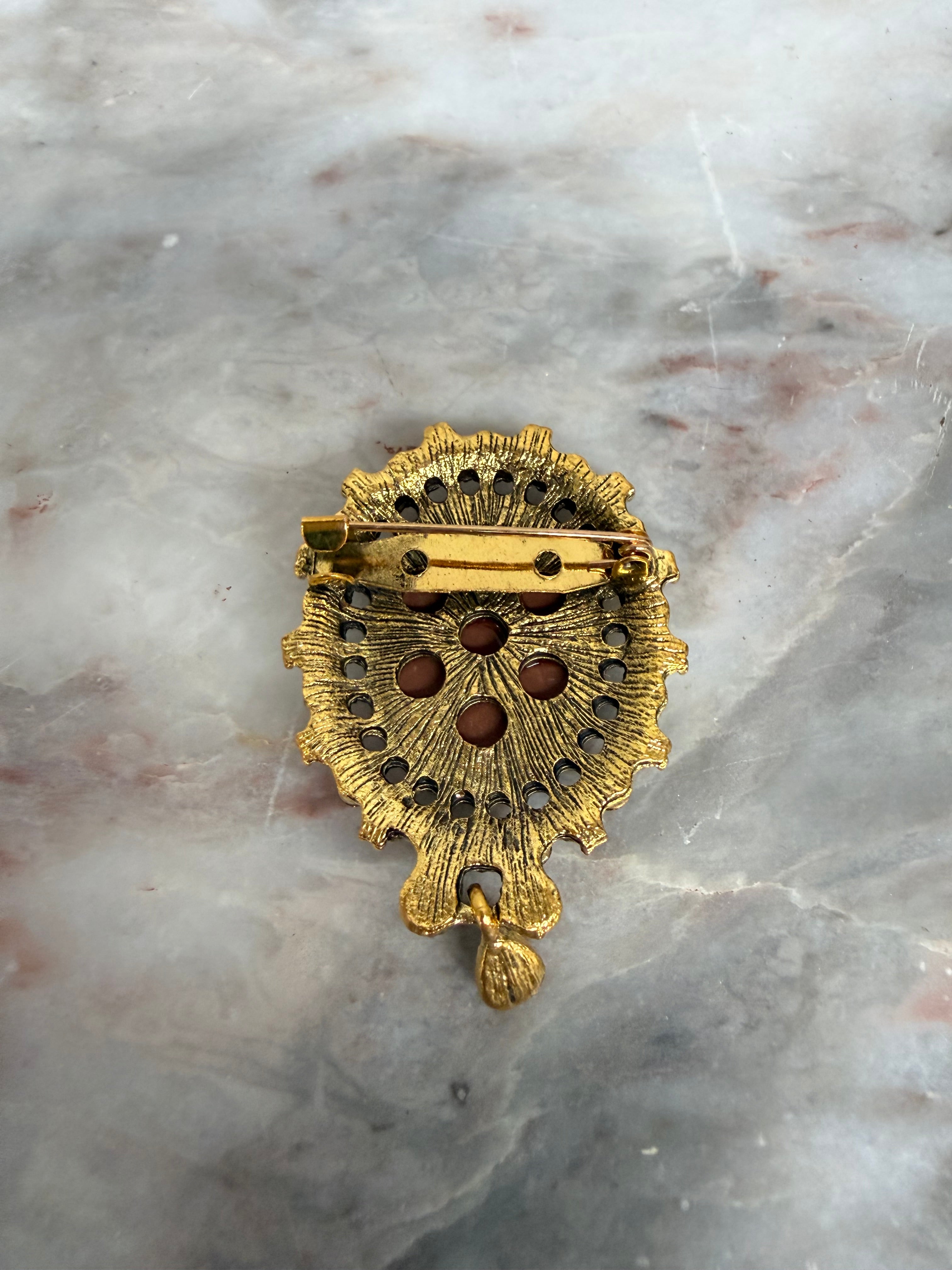 Gilt Metal Brooch Set With Faux Cameo & Rhinestones | Antique & Vintage | Moonee Ponds Antiques | Australia Wide Delivery