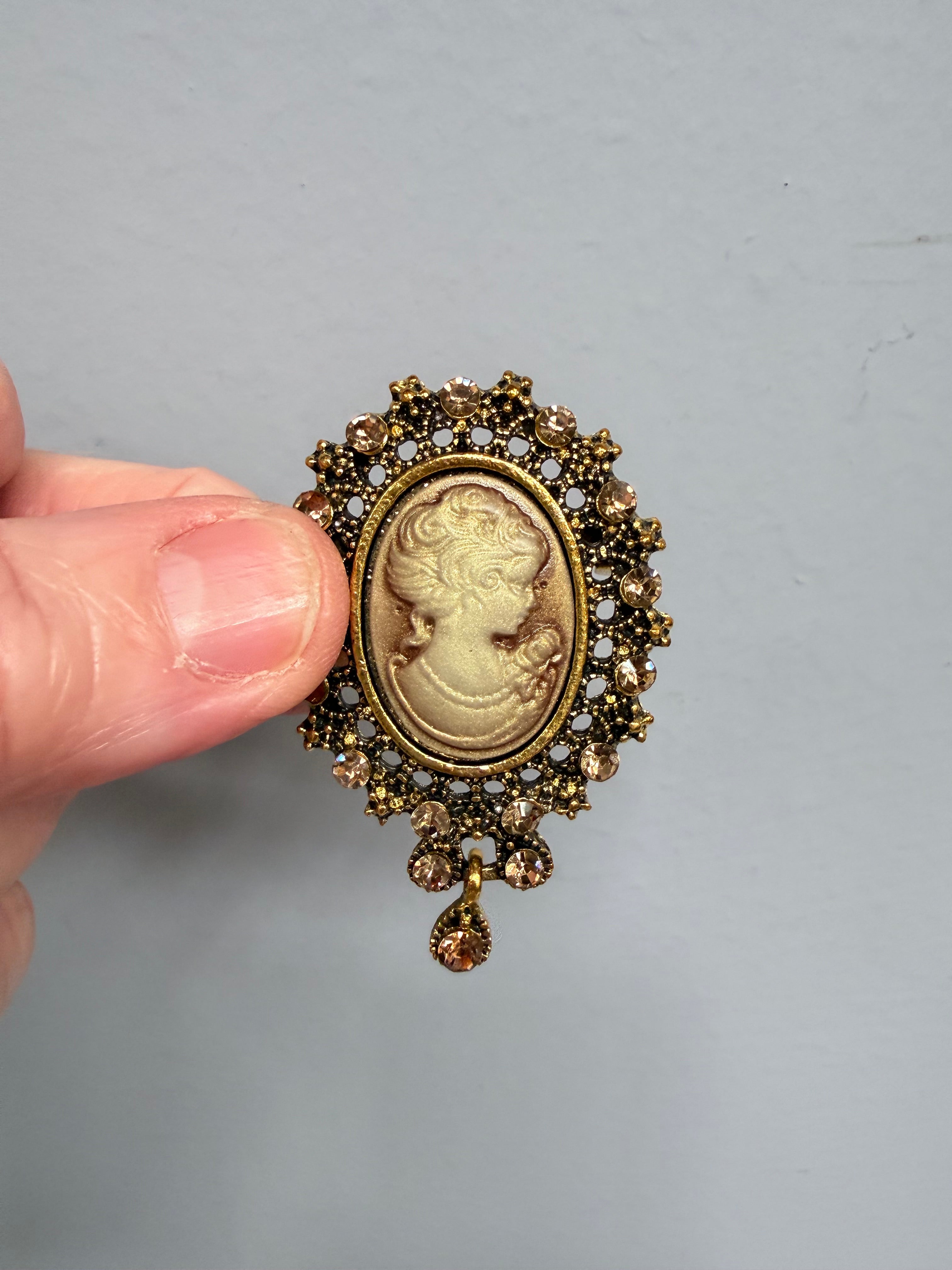 Gilt Metal Brooch Set With Faux Cameo & Rhinestones | Antique & Vintage | Moonee Ponds Antiques | Australia Wide Delivery