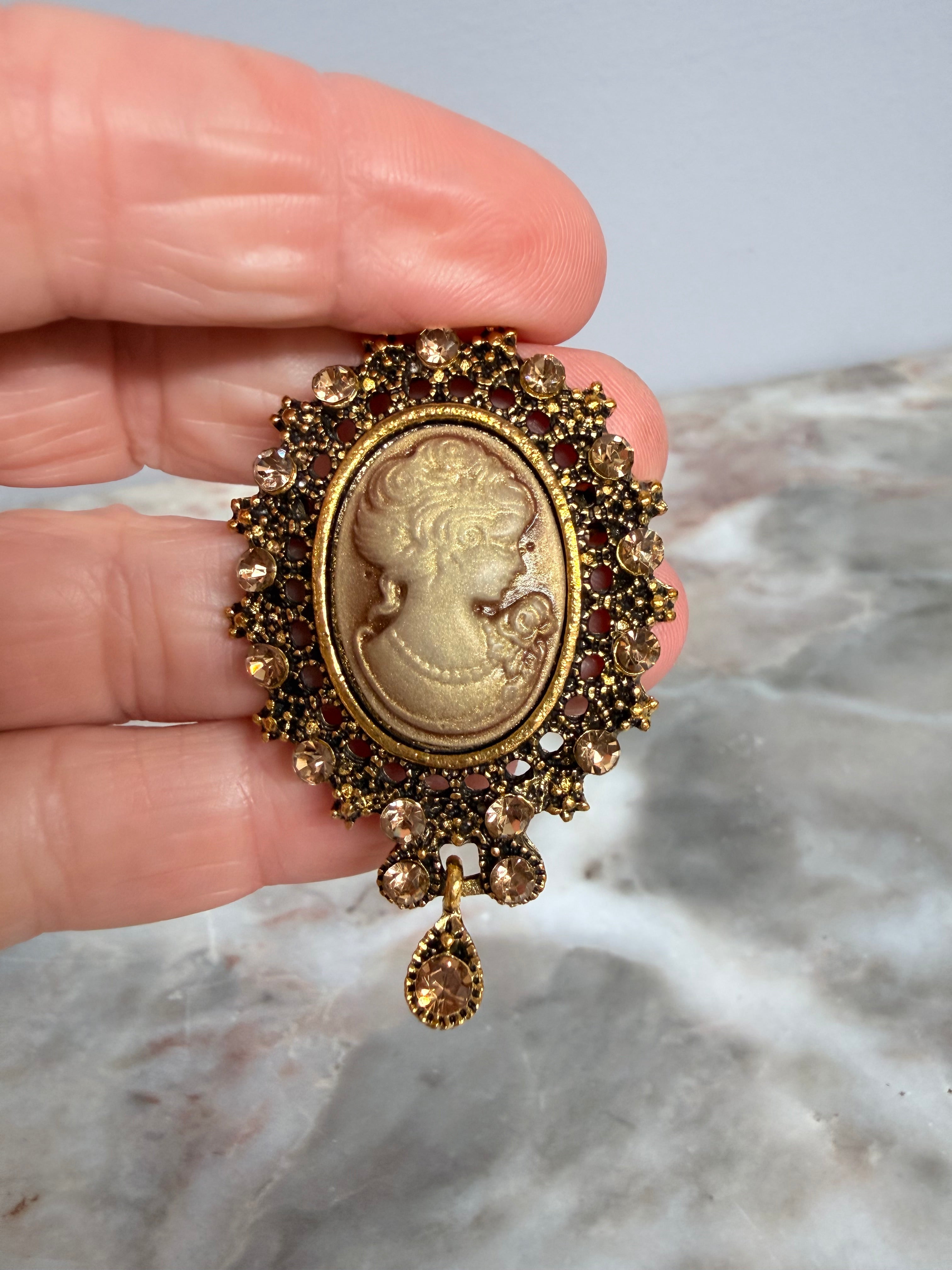 Gilt Metal Brooch Set With Faux Cameo & Rhinestones | Antique & Vintage | Moonee Ponds Antiques | Australia Wide Delivery