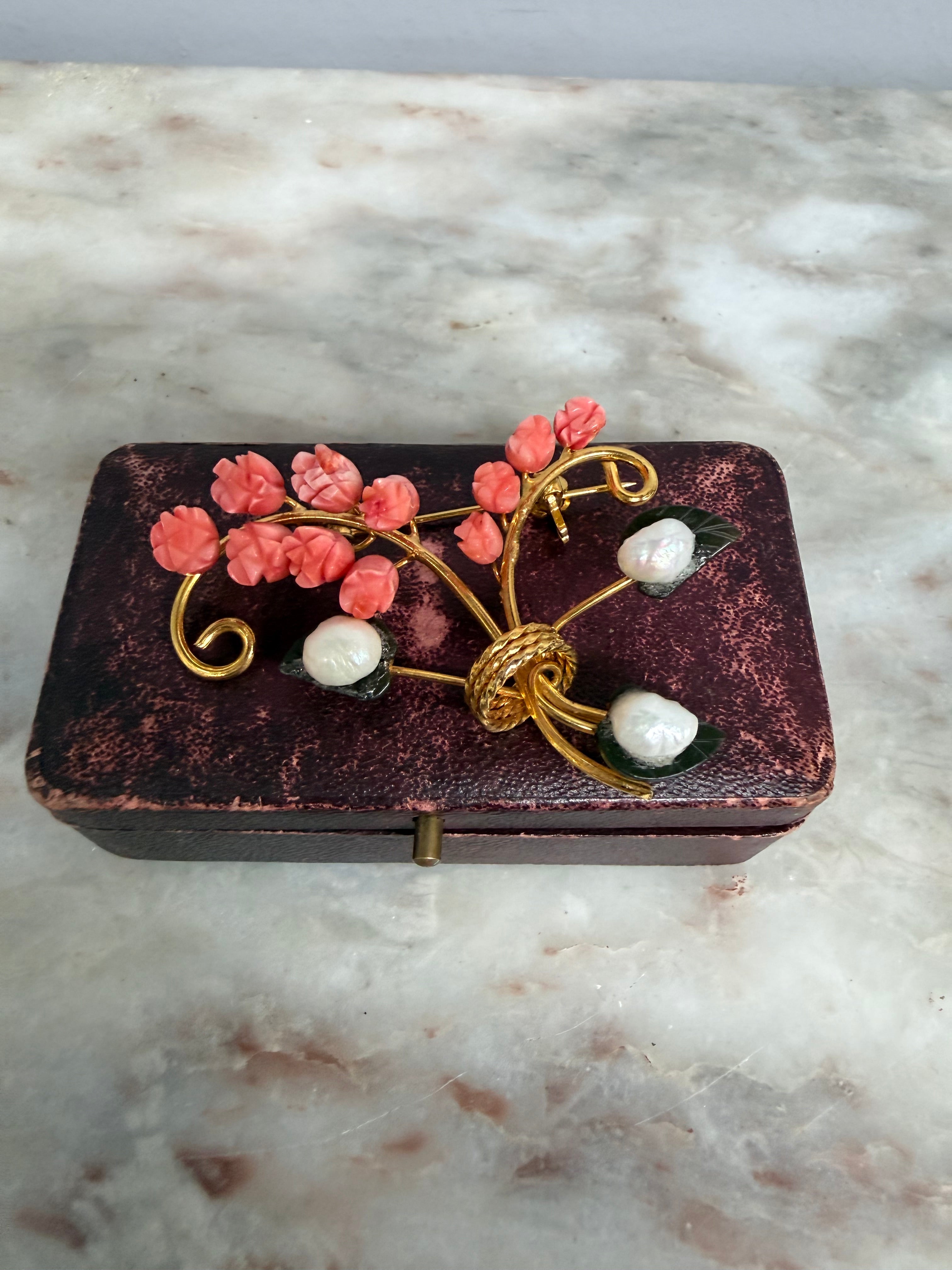Vintage Carved Coral &  Freshwater Pearl Brooch