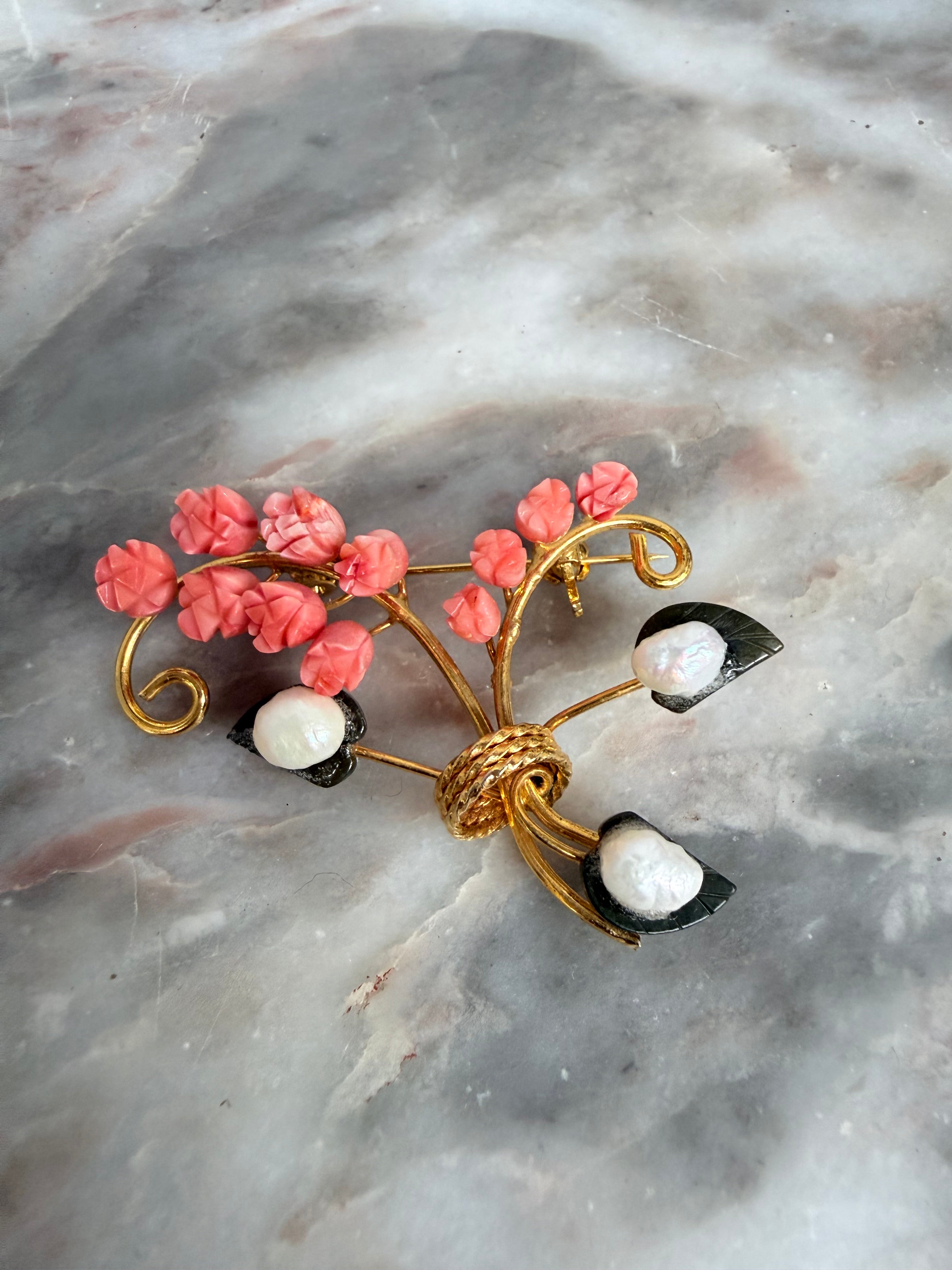 Vintage Carved Coral &  Freshwater Pearl Brooch