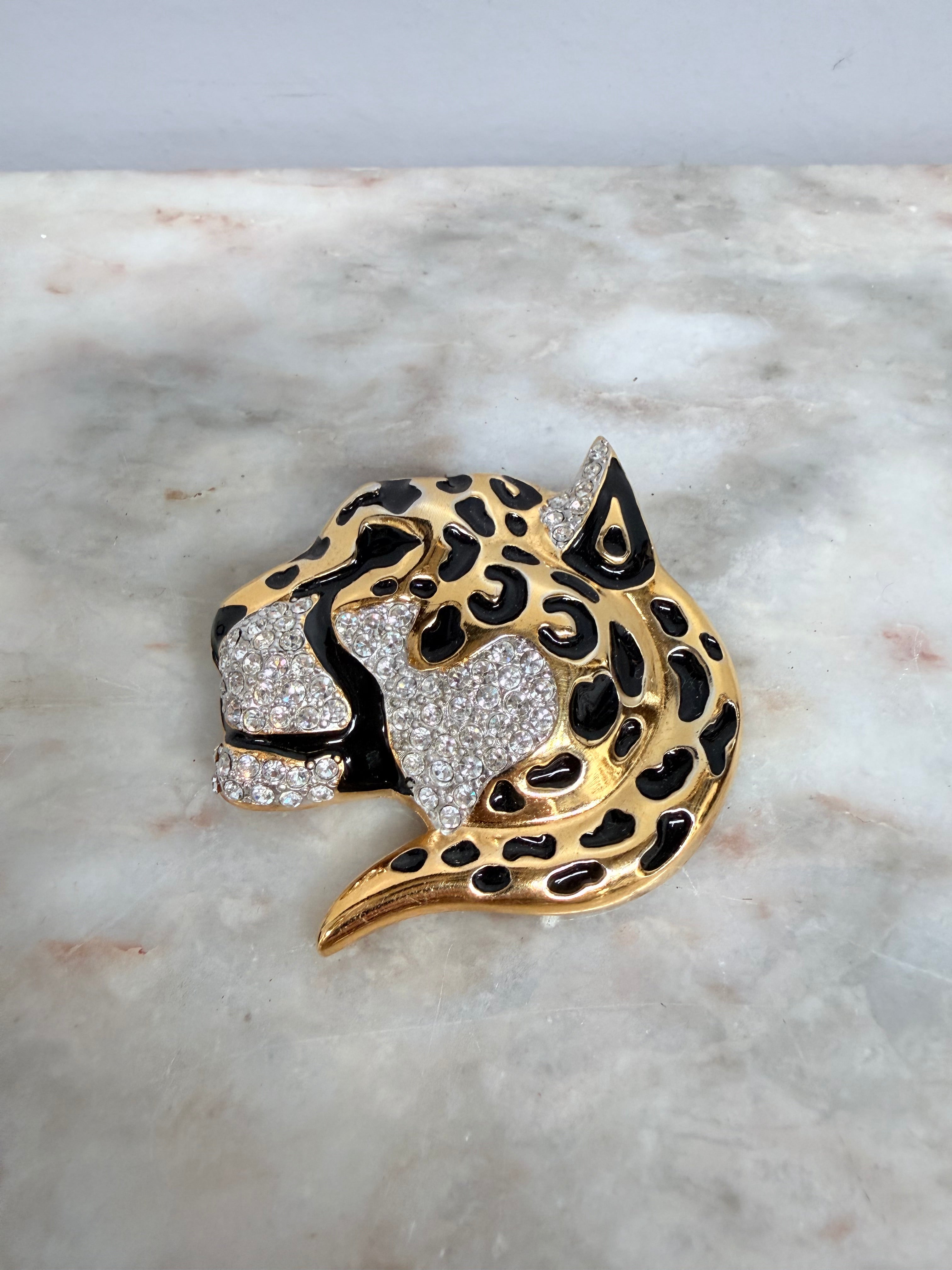 Large Leopard Head Brooch Gold & Black Set With Rhinestones | Antique & Vintage | Moonee Ponds Antiques | Australia Wide Delivery