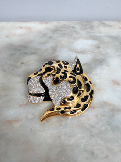 Large Leopard Head Brooch Gold & Black Set With Rhinestones Moonee Ponds Antiques