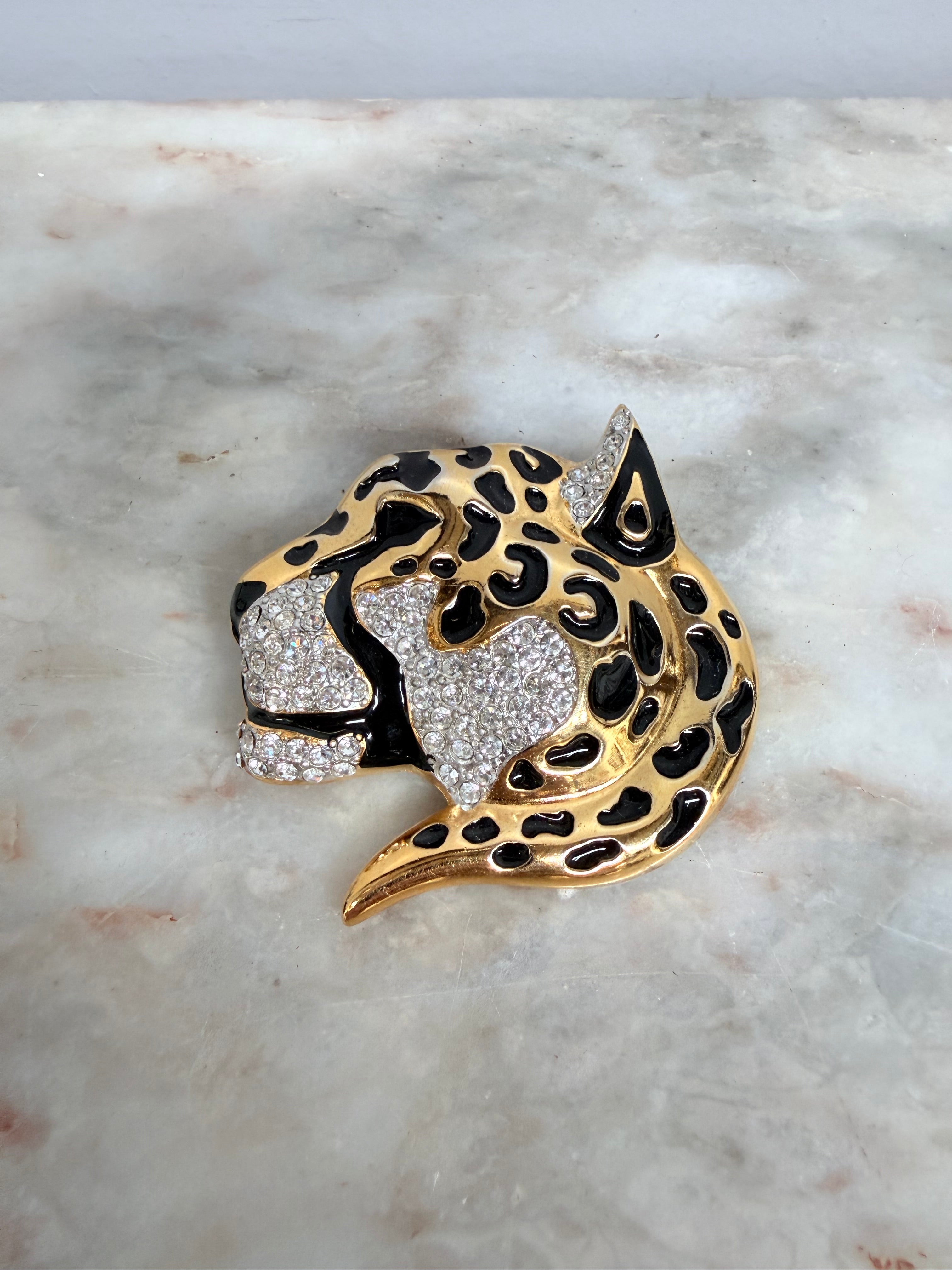 Large Leopard Head Brooch Gold & Black Set With Rhinestones | Antique & Vintage | Moonee Ponds Antiques | Australia Wide Delivery