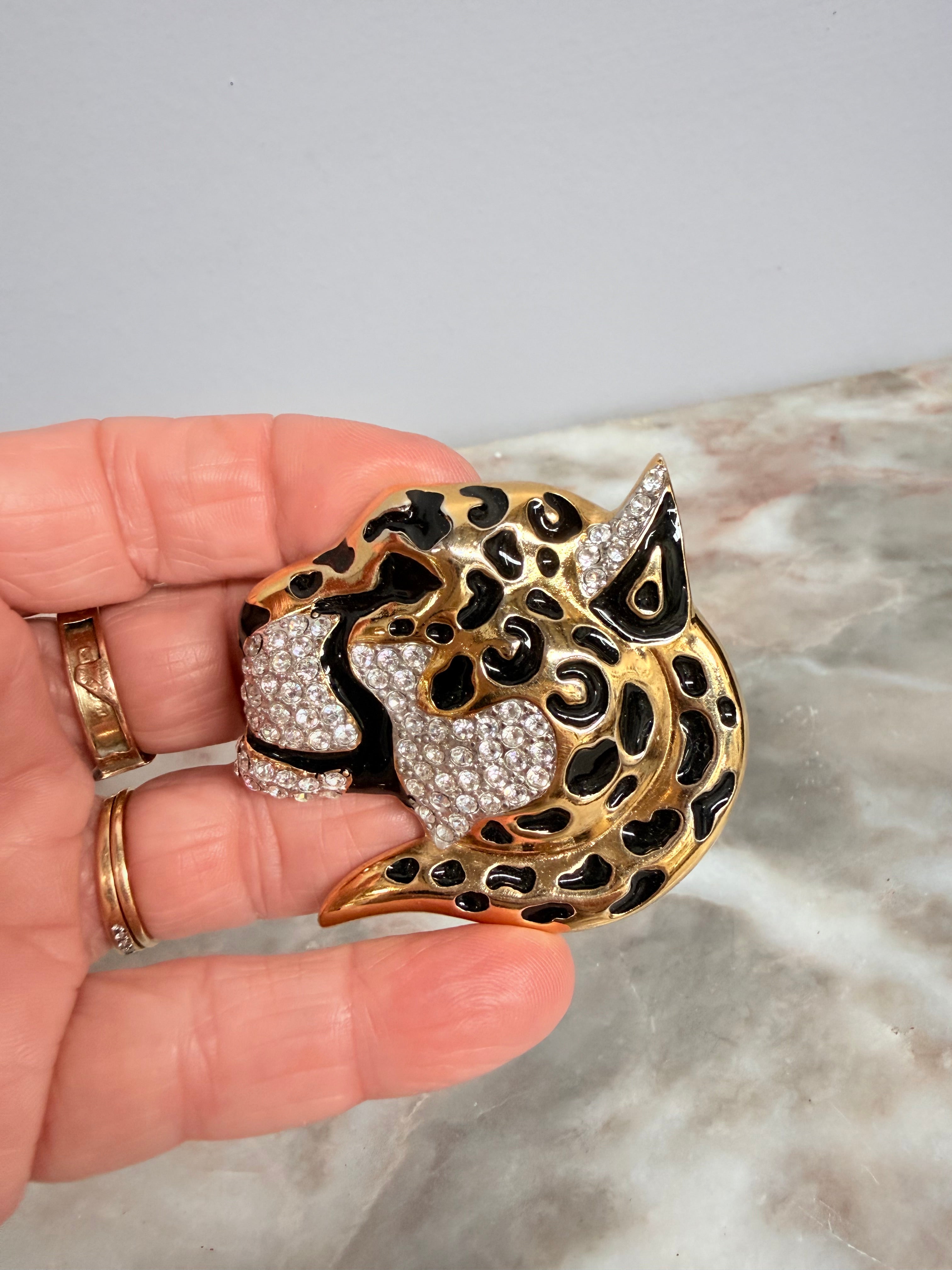 Large Leopard Head Brooch Gold & Black Set With Rhinestones | Antique & Vintage | Moonee Ponds Antiques | Australia Wide Delivery