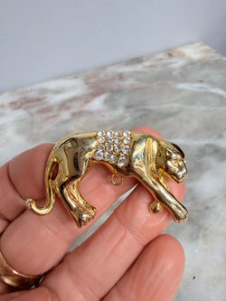 Vintage Gold Tone Leopard Brooch With Diamante Saddle Moonee Ponds Antiques