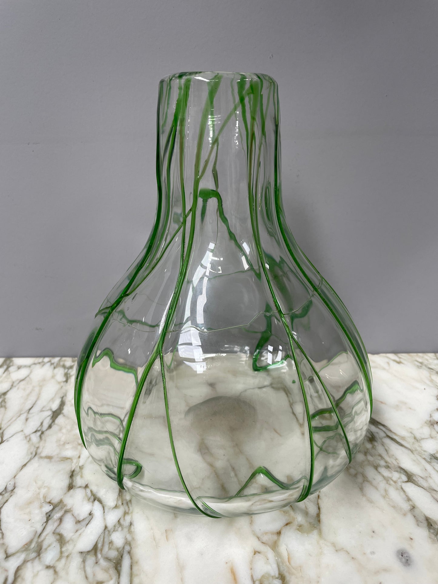 Impressive Heavy Hand Made Glass Vase With Green Glass Decoration