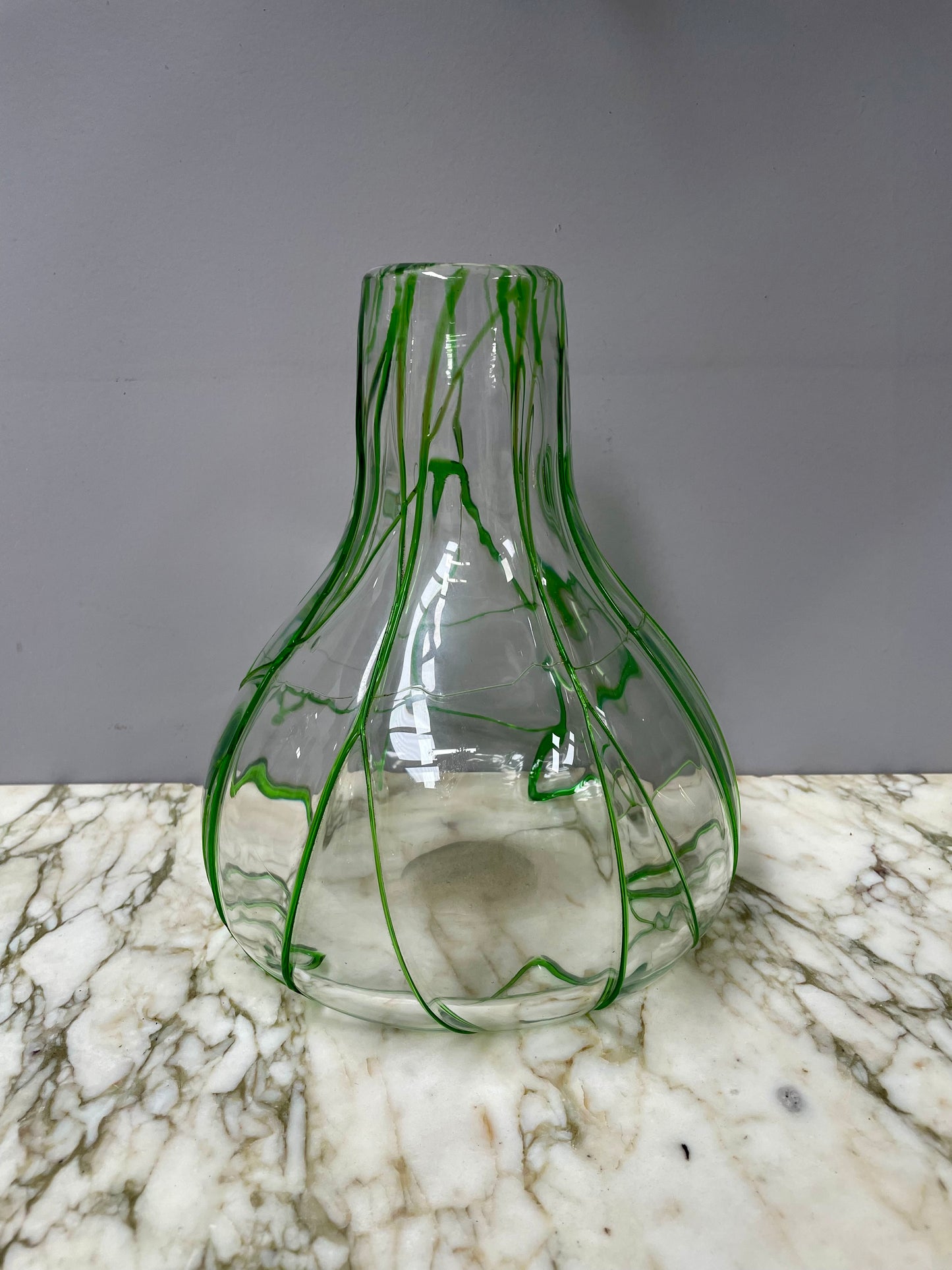 Impressive Heavy Hand Made Glass Vase With Green Glass Decoration