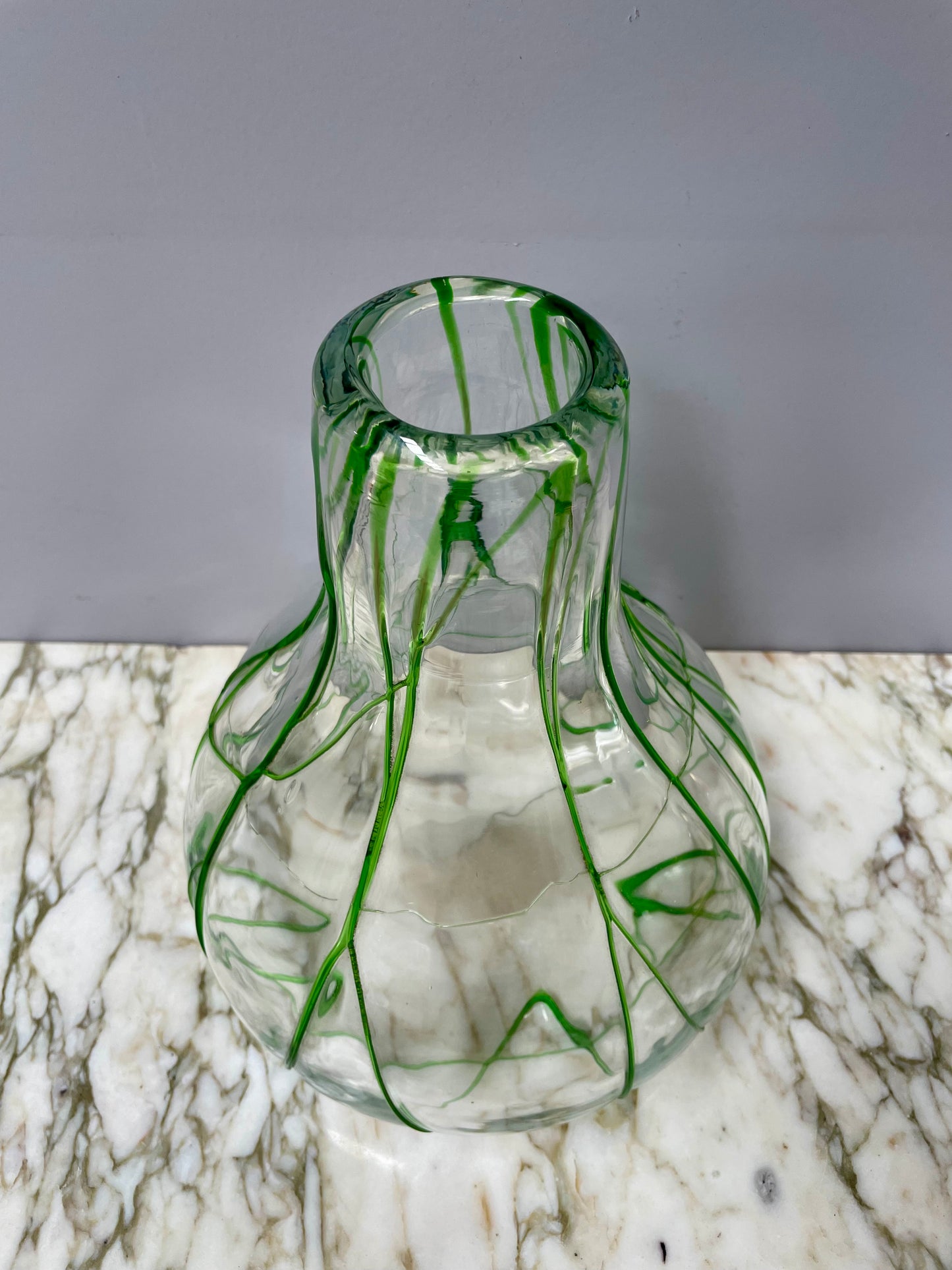 Impressive Heavy Hand Made Glass Vase With Green Glass Decoration