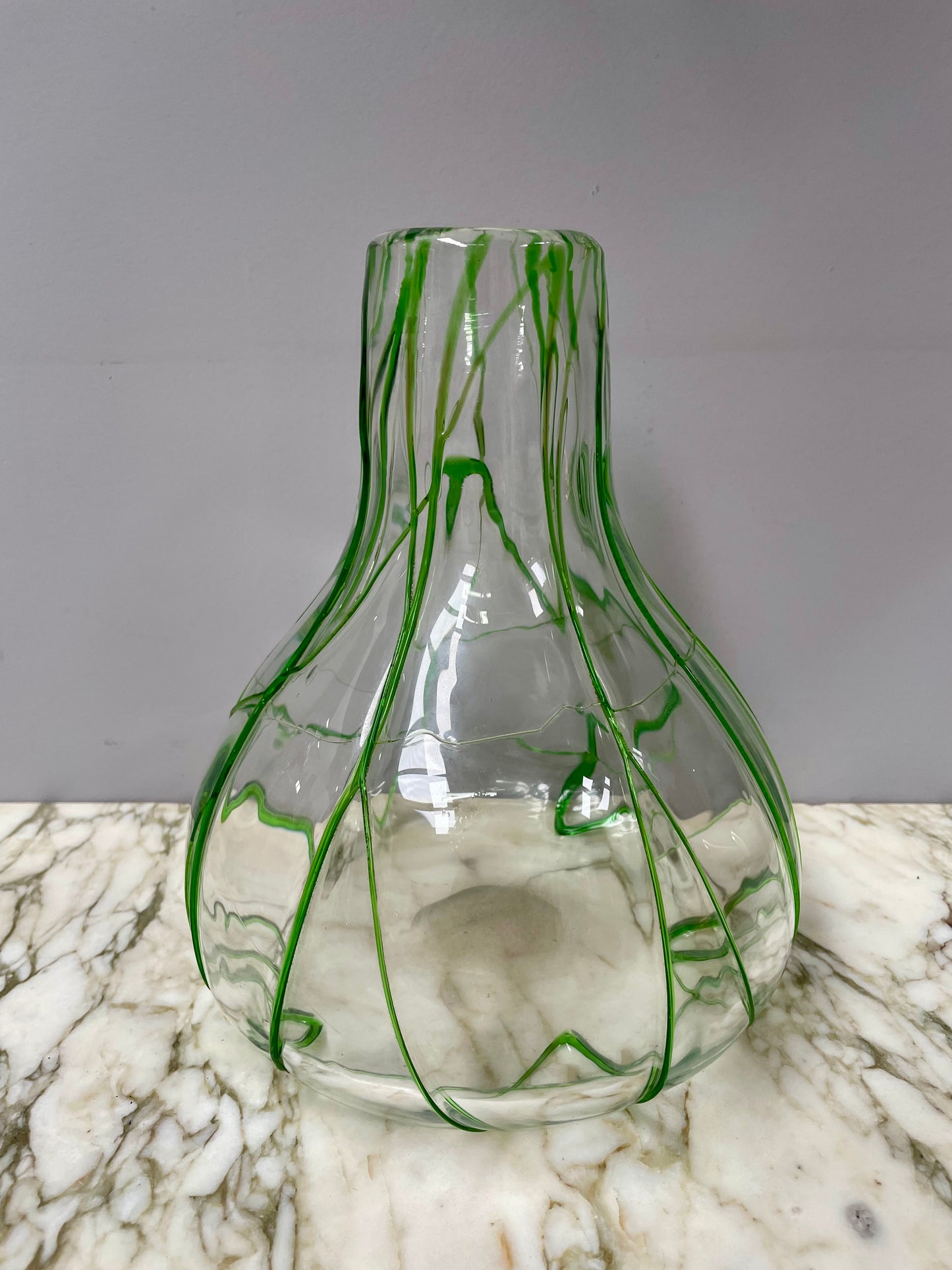 Impressive Heavy Hand Made Glass Vase With Green Glass Decoration