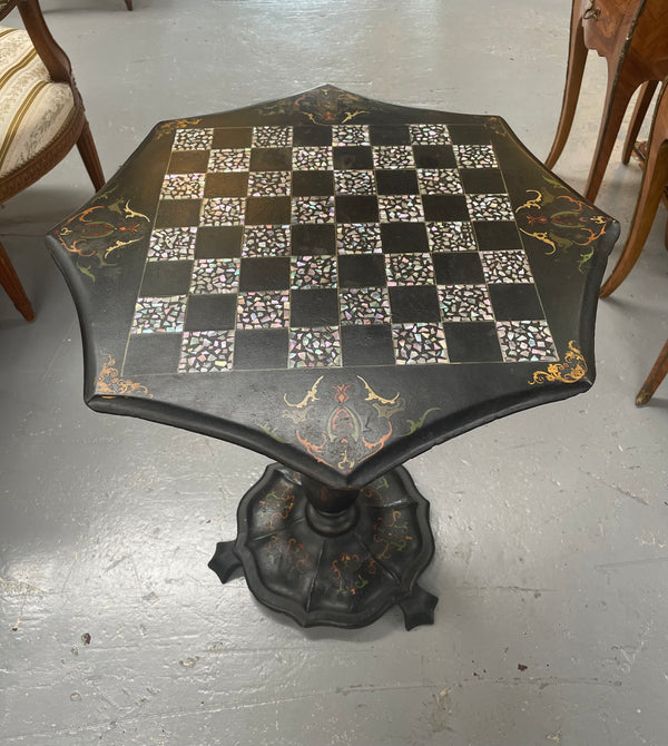 Fabulous William IV Papier Mache and Mother of Pearl tilt-top work table with lovely details. In good original condition. Please see photos as they form part of the description.