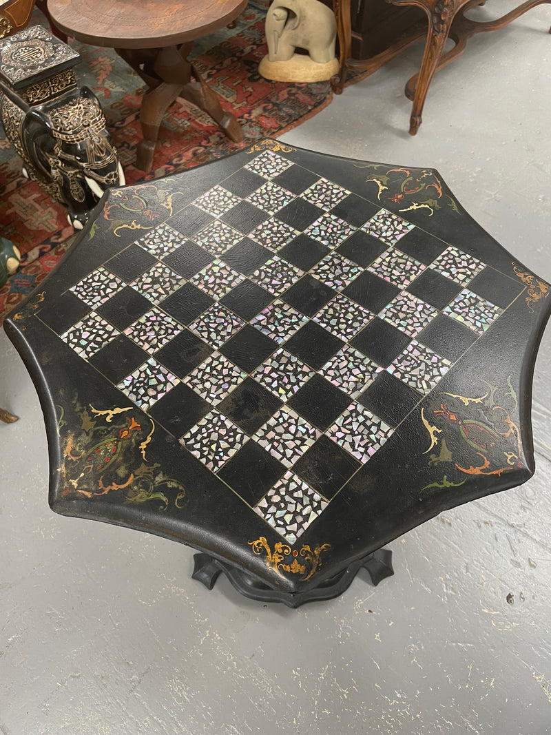 Fabulous William IV Papier Mache and Mother of Pearl tilt-top work table with lovely details. In good original condition. Please see photos as they form part of the description.