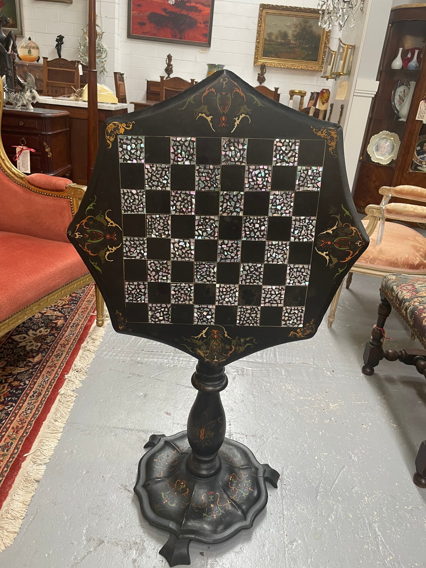 Fabulous William IV Papier Mache and Mother of Pearl tilt-top work table with lovely details. In good original condition. Please see photos as they form part of the description.