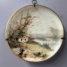 Antique Hand Painted Opaline Glass Wall Plaque