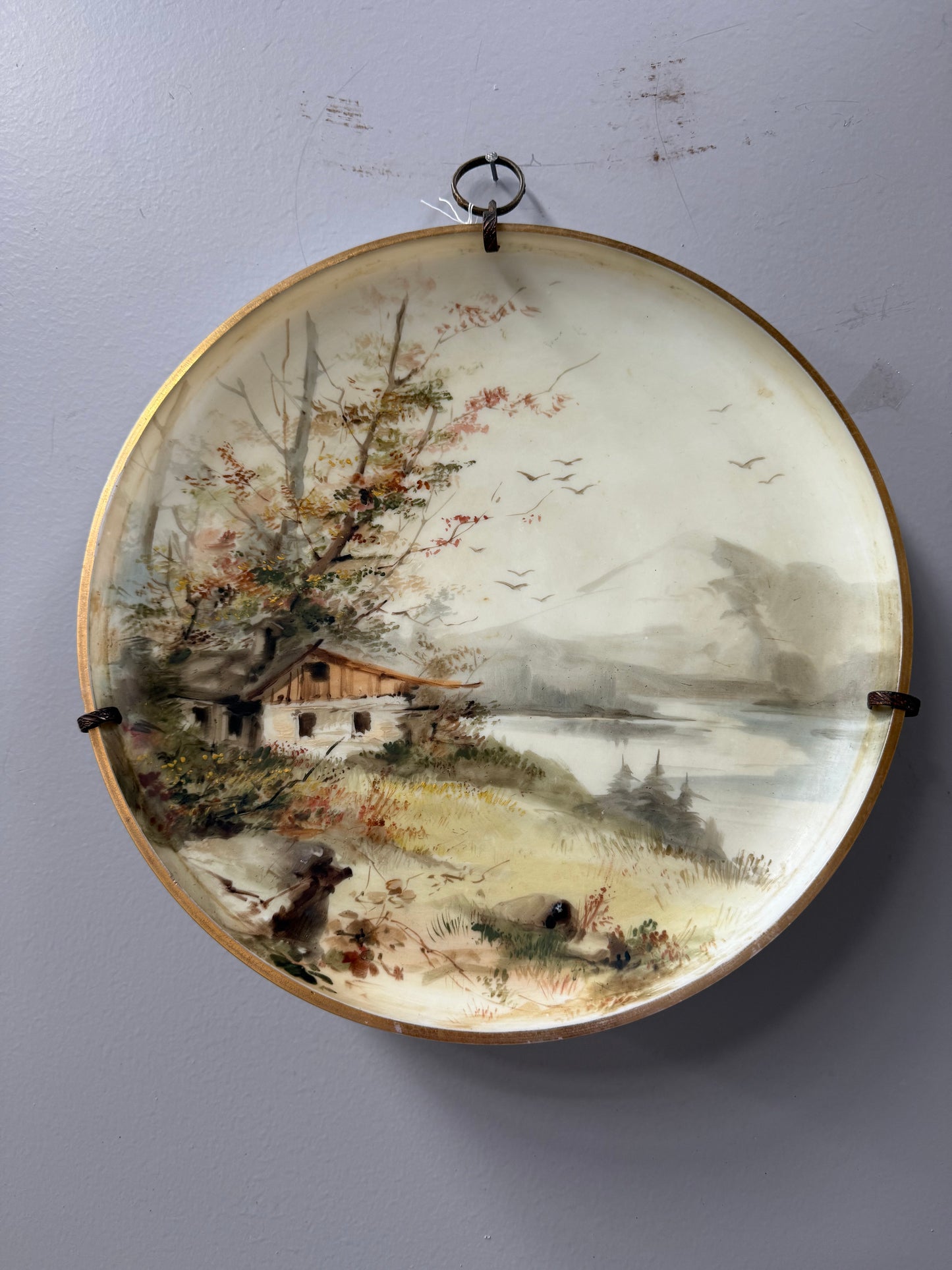 Antique Hand Painted Opaline Glass Wall Plaque