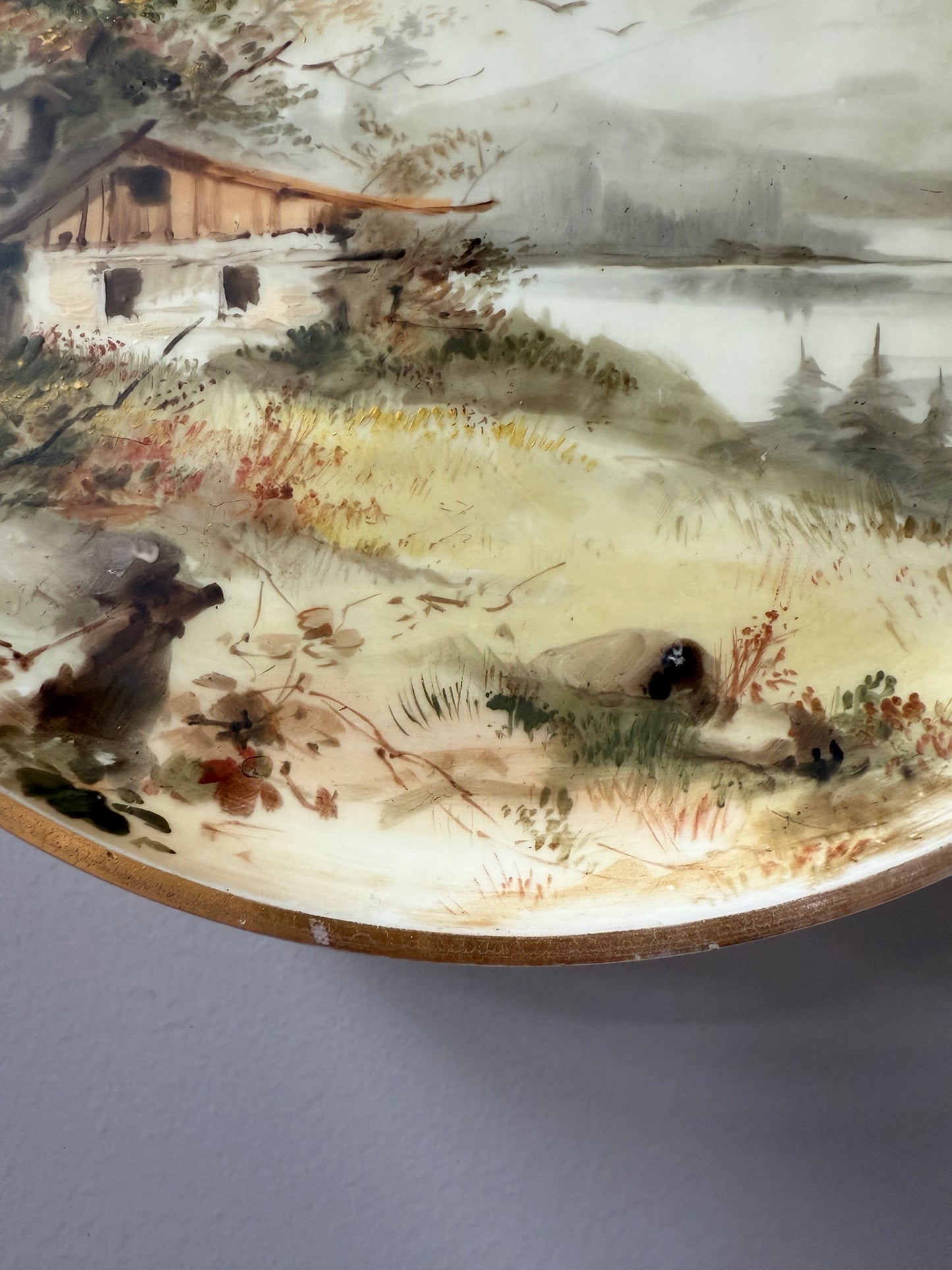 Antique Hand Painted Opaline Glass Wall Plaque