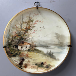 Antique Hand Painted Opaline Glass Wall Plaque