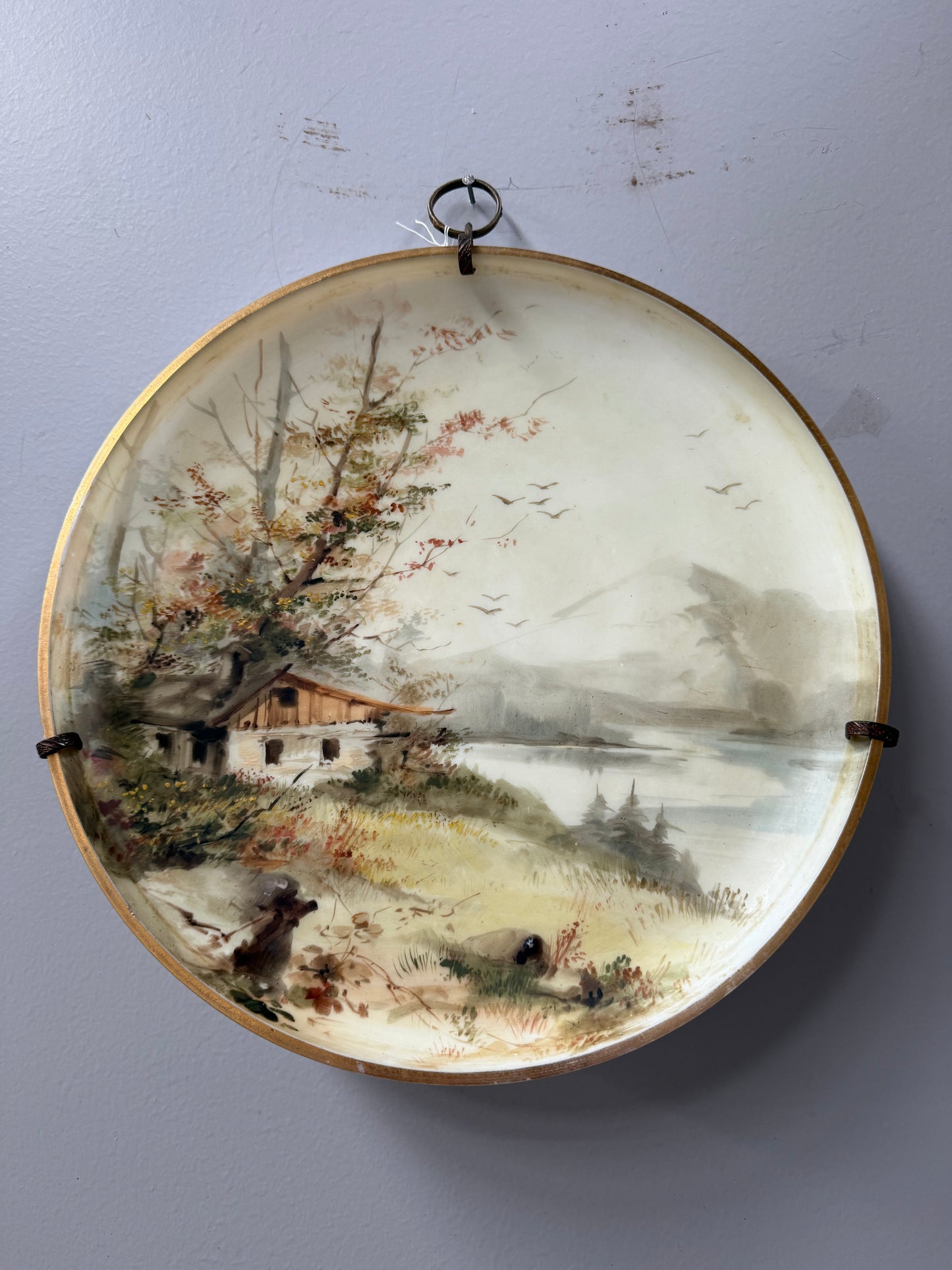 Antique Hand Painted Opaline Glass Wall Plaque