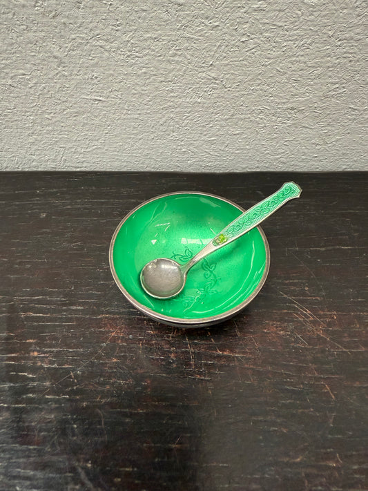 Danish Silver & Enamel Salt Cellar & Spoon