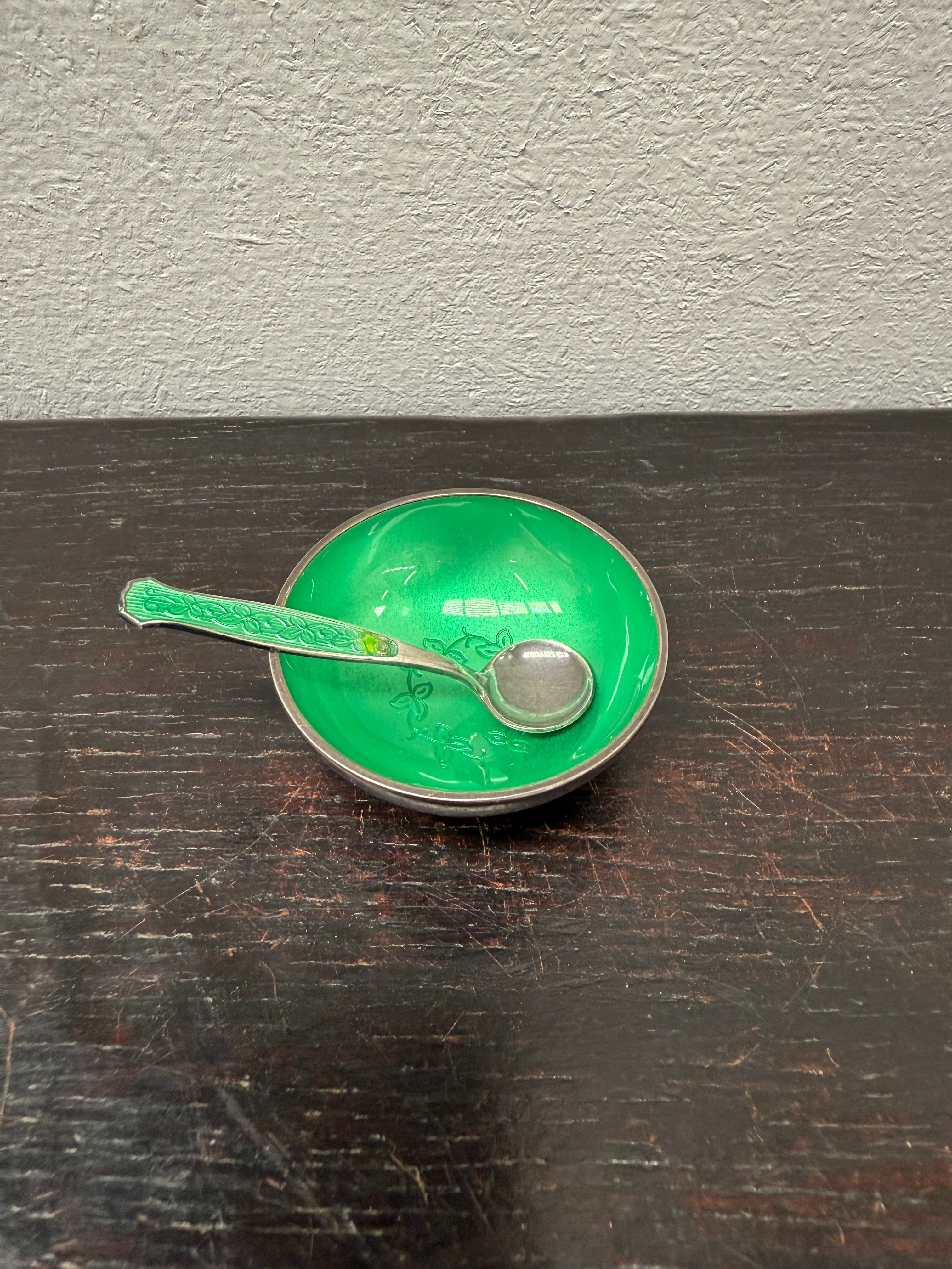 Danish Silver & Enamel Salt Cellar & Spoon | Antique & Vintage | Moonee Ponds Antiques | Australia Wide Delivery