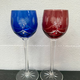 Pair Vintage Bohemian Cobalt & Ruby Wine Glasses