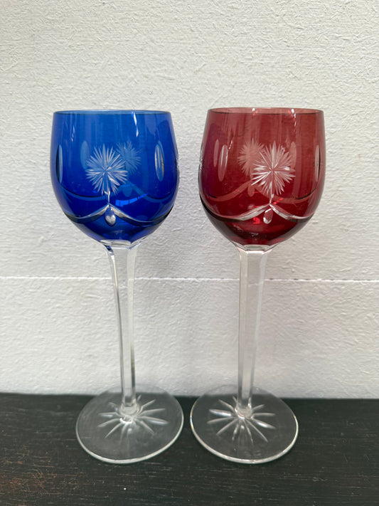 Pair Vintage Bohemian Cobalt & Ruby Wine Glasses