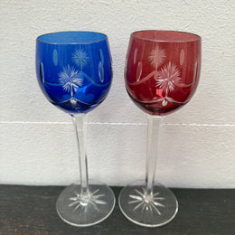 Pair Vintage Bohemian Cobalt & Ruby Wine Glasses