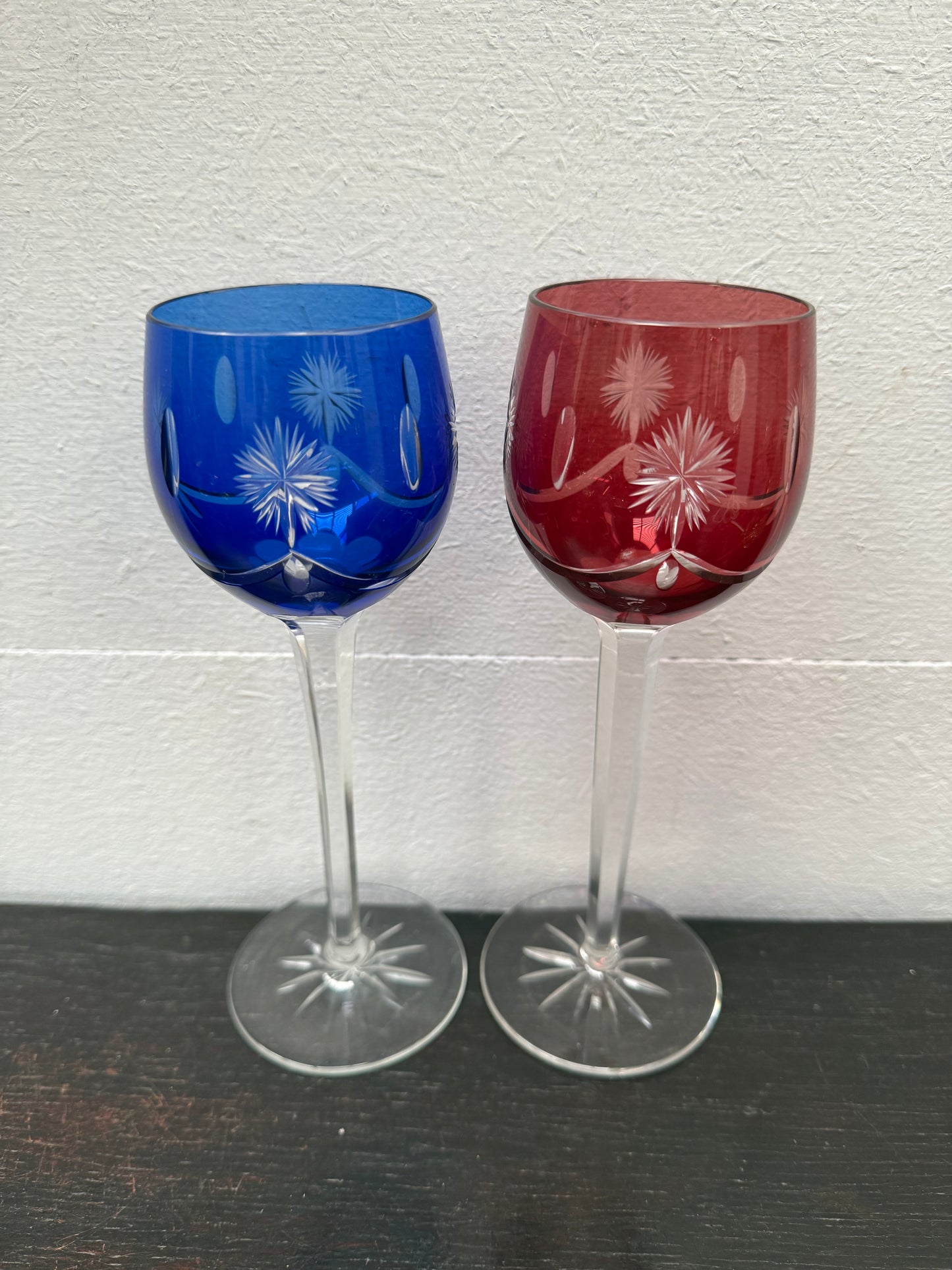 Pair Vintage Bohemian Cobalt & Ruby Wine Glasses