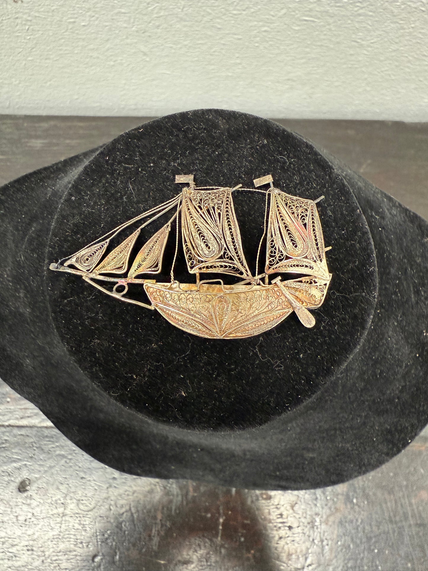 Antique Silver (900) Filigree Sailing Ship