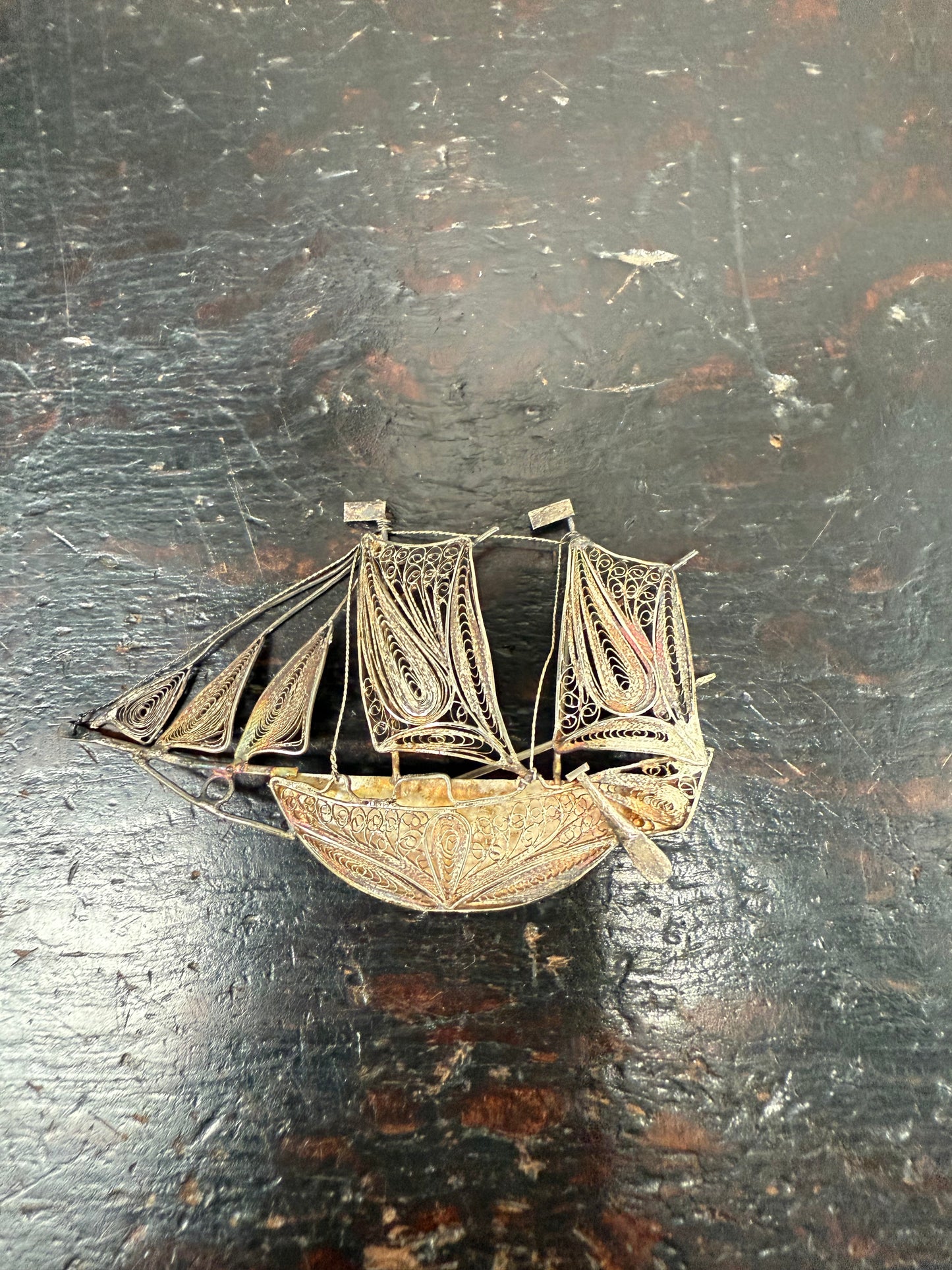 Antique Silver (900) Filigree Sailing Ship