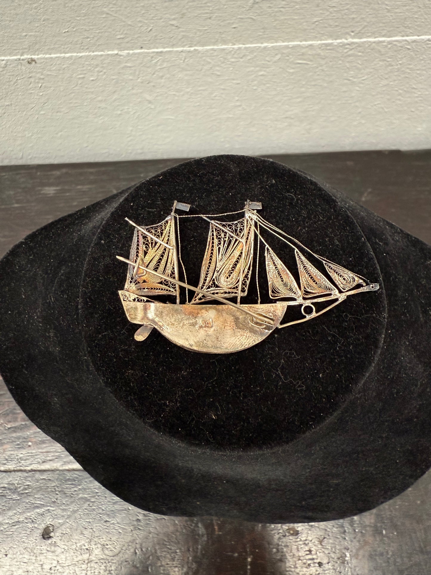 Antique Silver (900) Filigree Sailing Ship