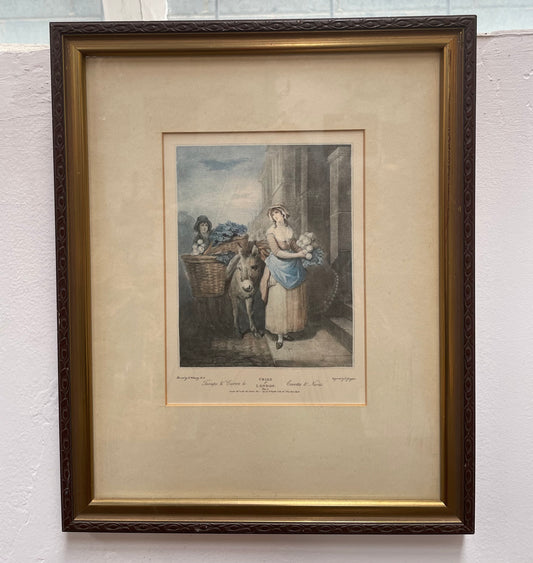 Pretty Vintage Framed Print of Lady & Donkey