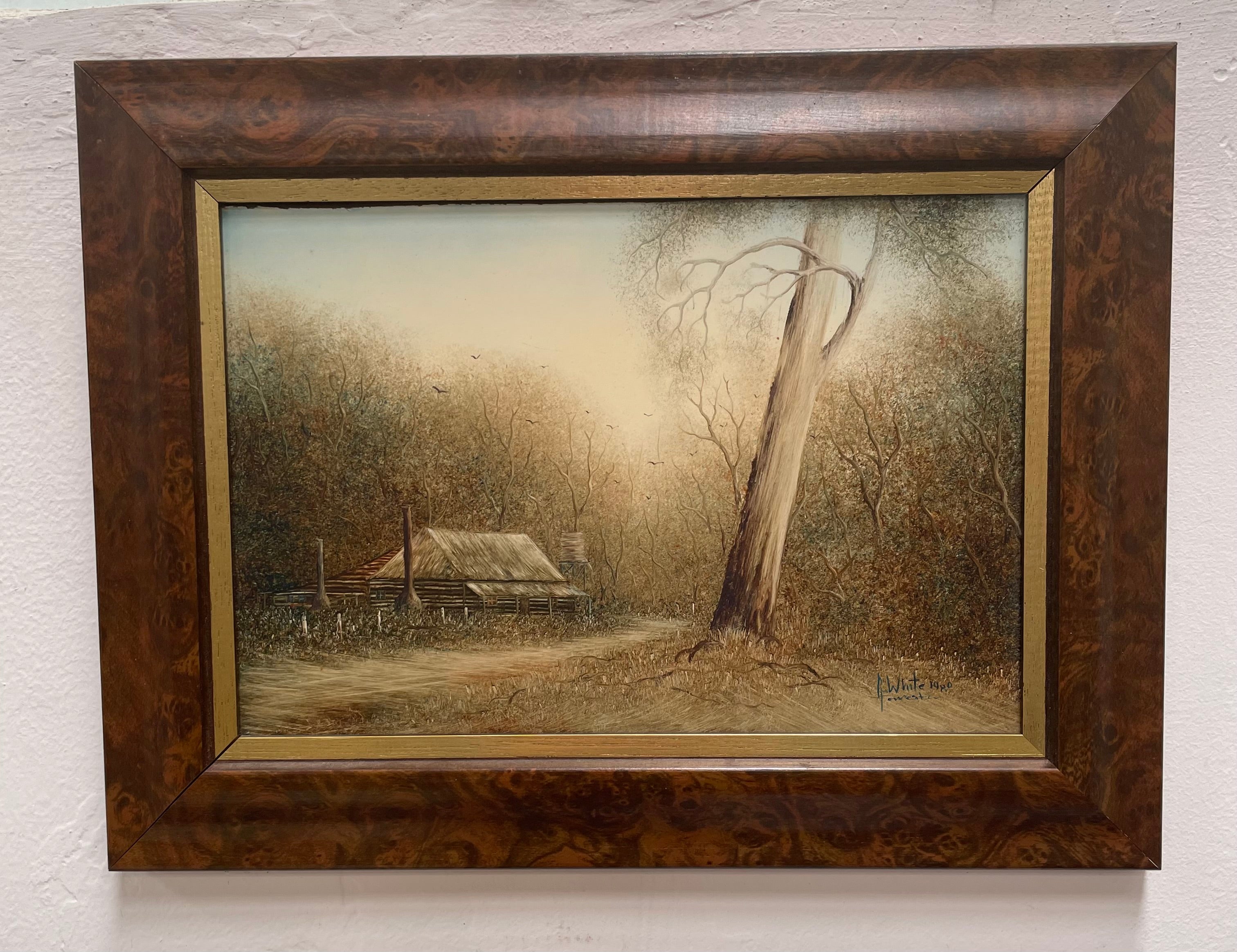 Framed Oil On Board of Farm House Scene Titled "Early Morning Mist" Circa 1980's Singed | Antique & Vintage | Moonee Ponds Antiques | Australia Wide Delivery