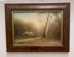 Framed Oil On Board of Farm House Scene Titled "Early Morning Mist" Circa 1980's Singed | Antique & Vintage | Moonee Ponds Antiques | Australia Wide Delivery
