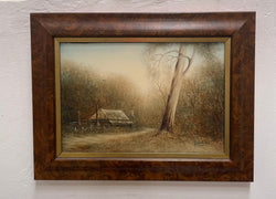 Framed Oil On Board of Farm House Scene Titled "Early Morning Mist" Circa 1980's Singed | Antique & Vintage | Moonee Ponds Antiques | Australia Wide Delivery