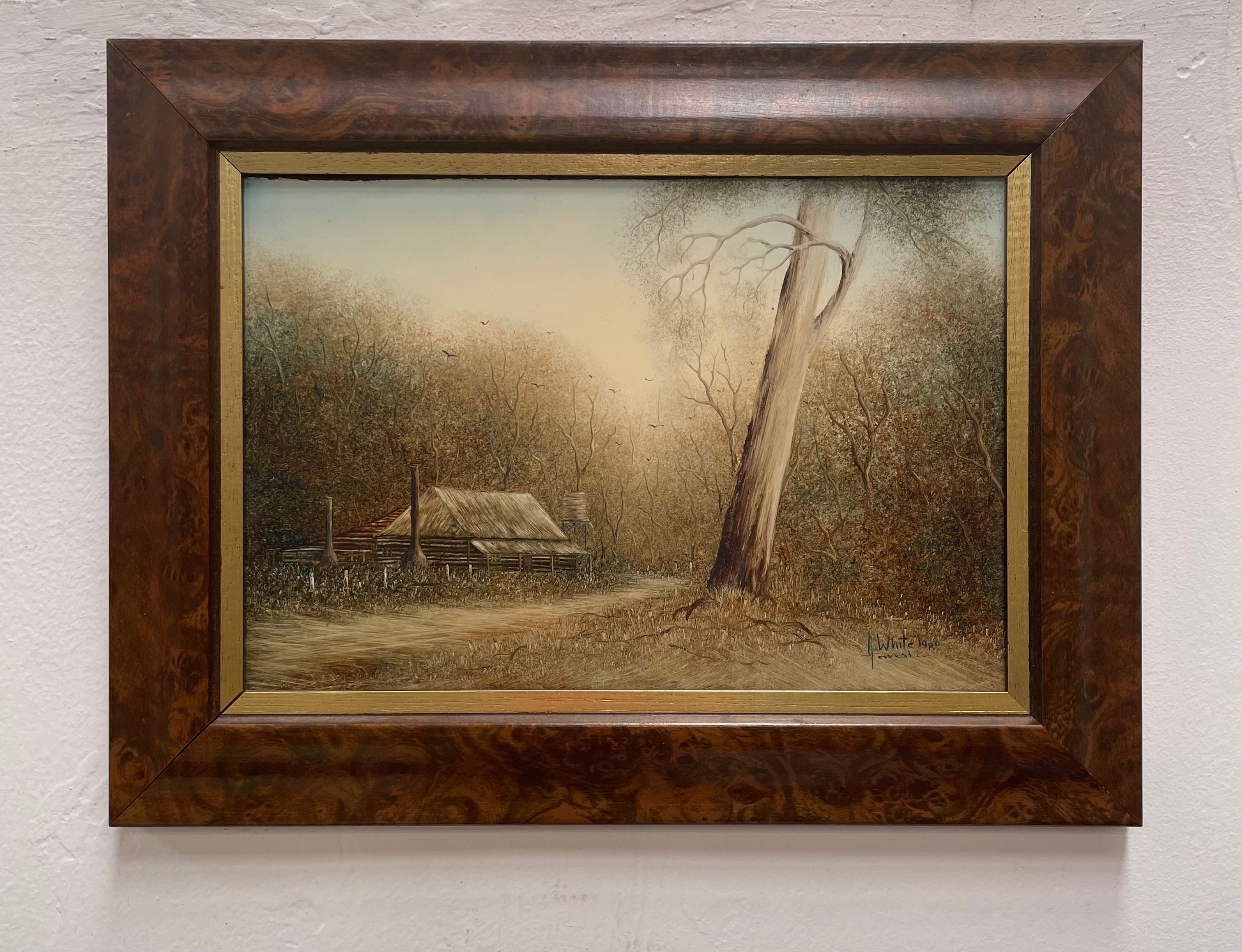 Framed Oil On Board of Farm House Scene Titled "Early Morning Mist" Circa 1980's Singed | Antique & Vintage | Moonee Ponds Antiques | Australia Wide Delivery